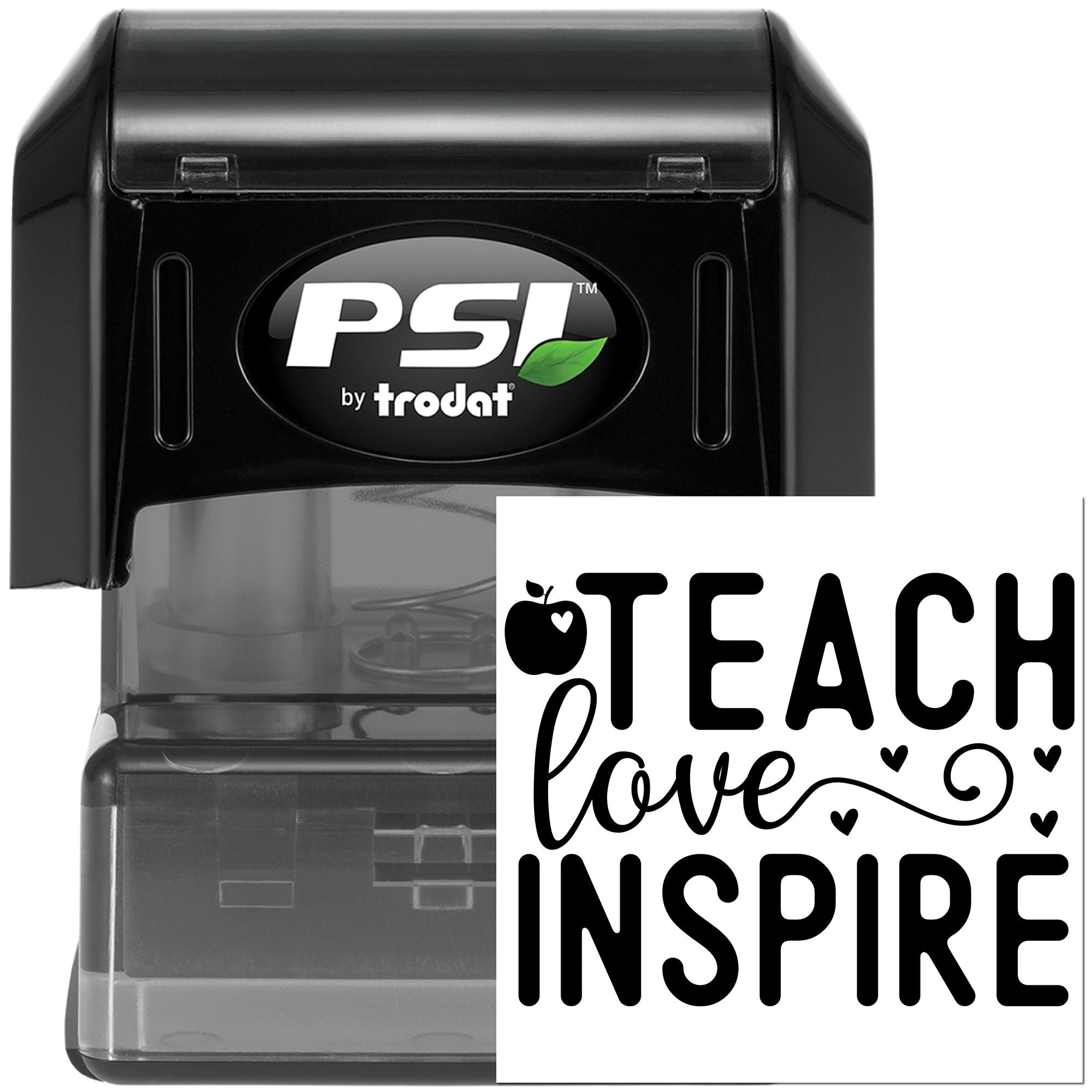 PSI by Trodat self-inking rubber stamp with Teach Love Inspire design for teacher gifts, classroom crafts, and educator branding.