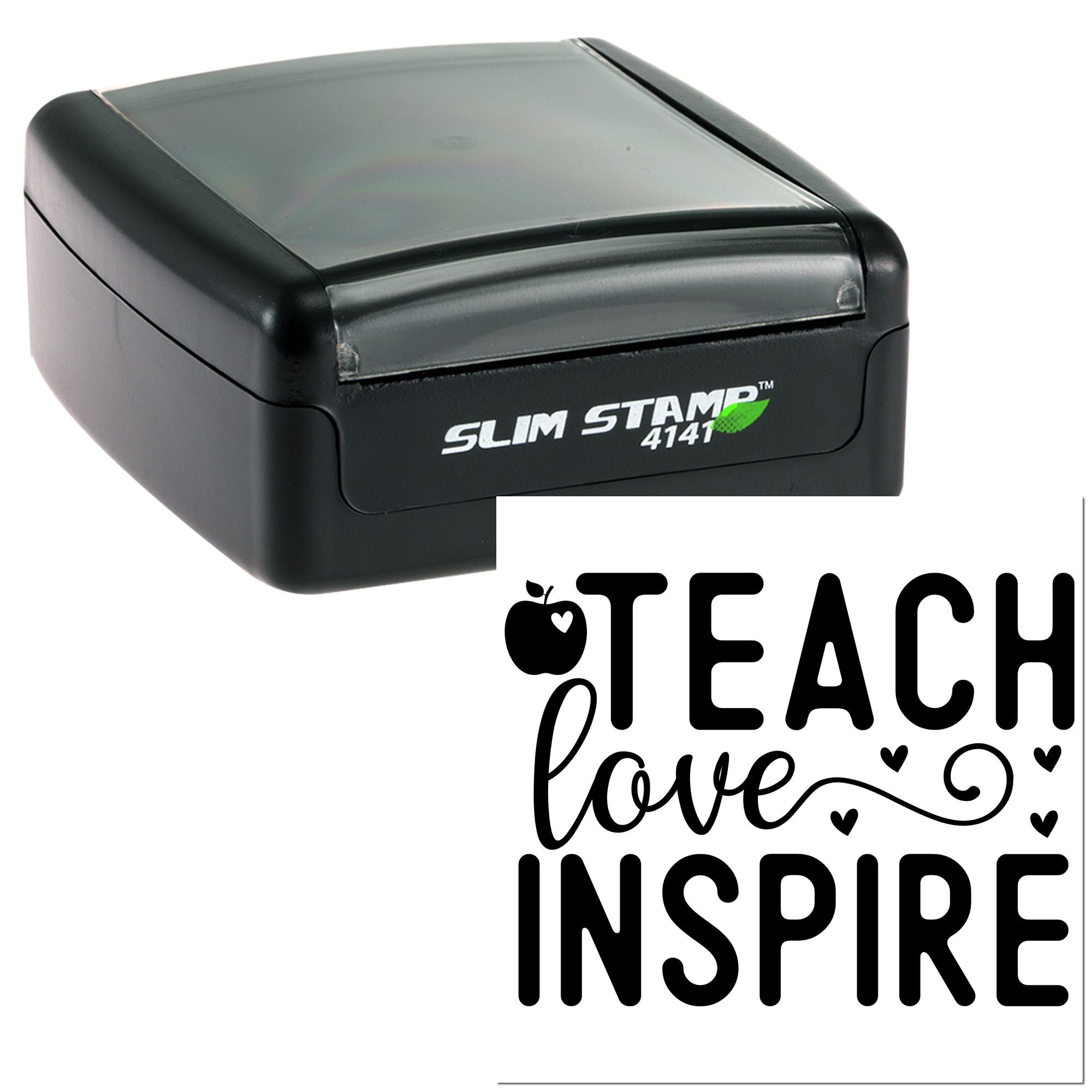 Teacher rubber stamp with Teach Love Inspire self-inking design for classroom papers, lesson plans, and student rewards.