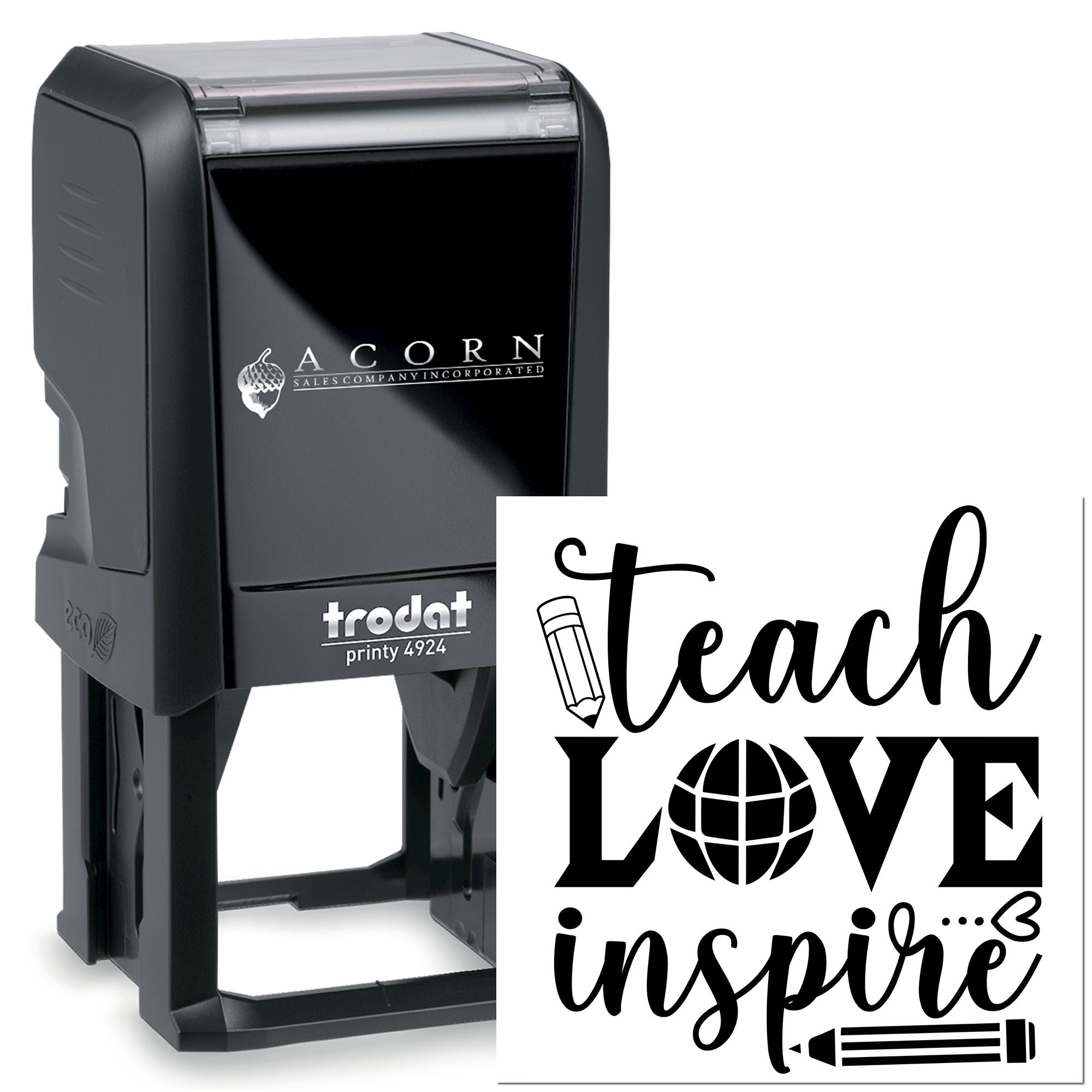 Self-inking teacher rubber stamp, Trodat Printy 4924, featuring Teach Love Inspire custom design for educators.