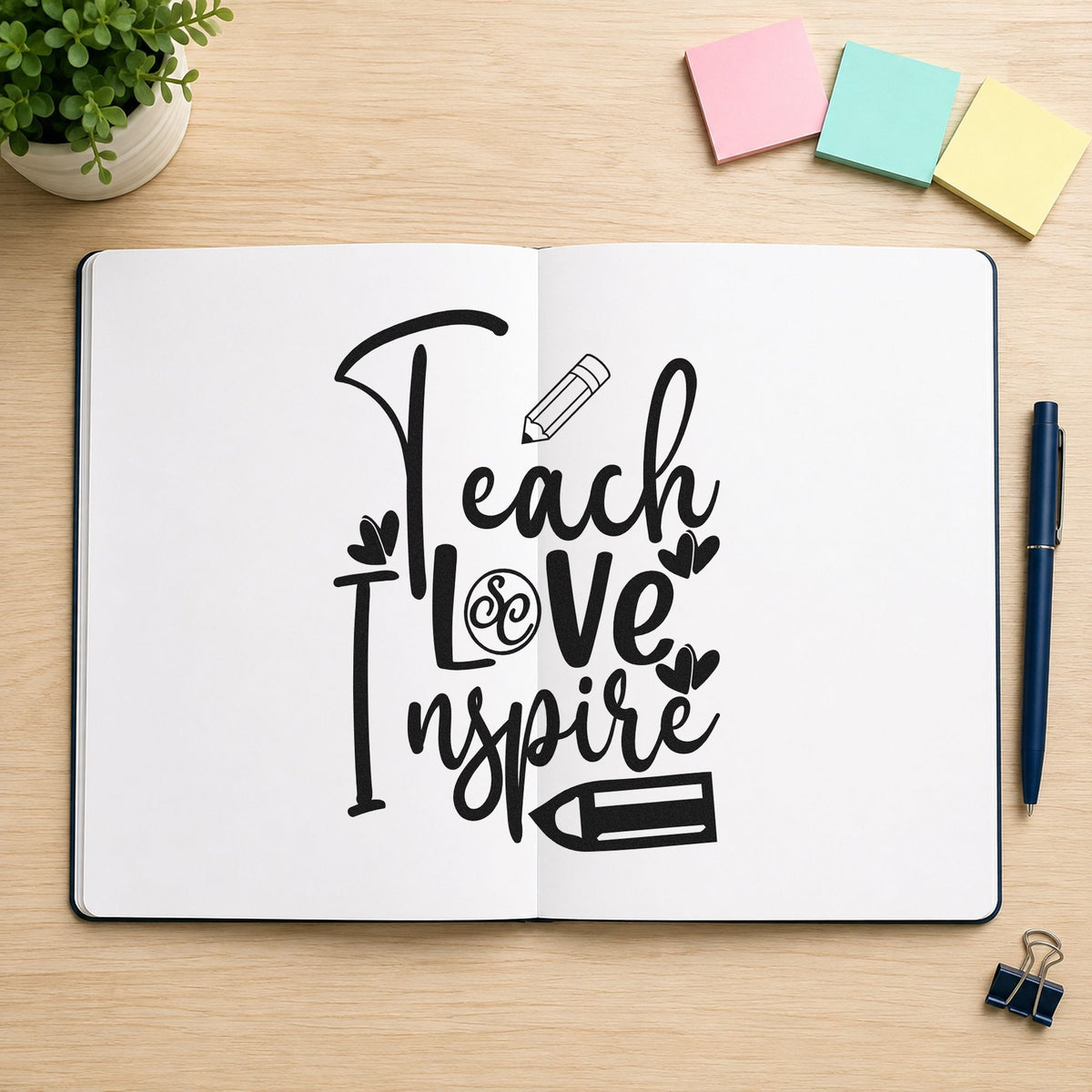 Teach Love Inspire Pencil Flourish rubber stamp printed in black ink, ready for decorated o cards and similar paper crafts.