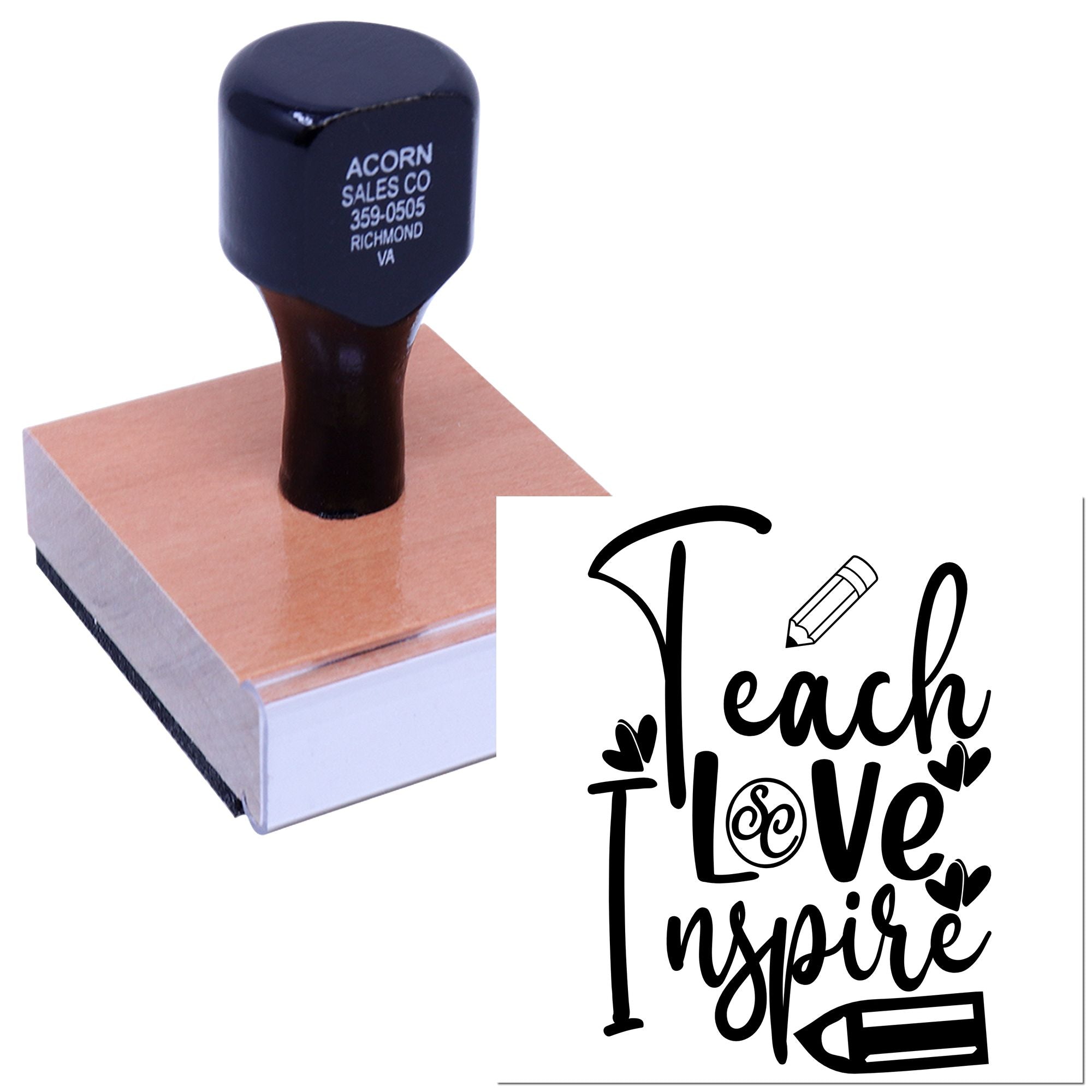 Custom rubber stamp with Teach Love Inspire design for classroom crafts, teacher gifts, and DIY paper projects.