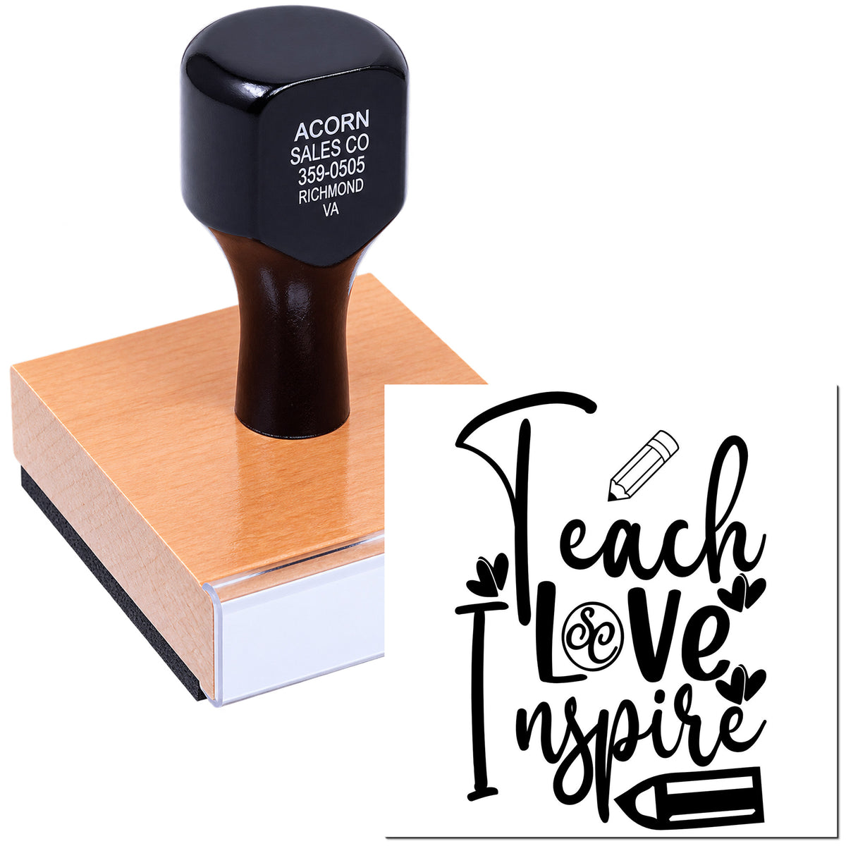 Custom rubber stamp with Teach Love Inspire design for classroom crafts, teacher gifts, and DIY paper projects.