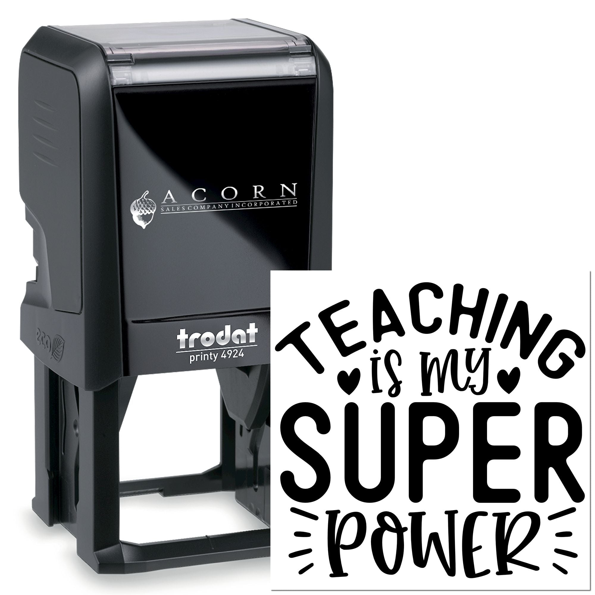 Custom self-inking teacher rubber stamp with Teaching is my super power design for classroom use.