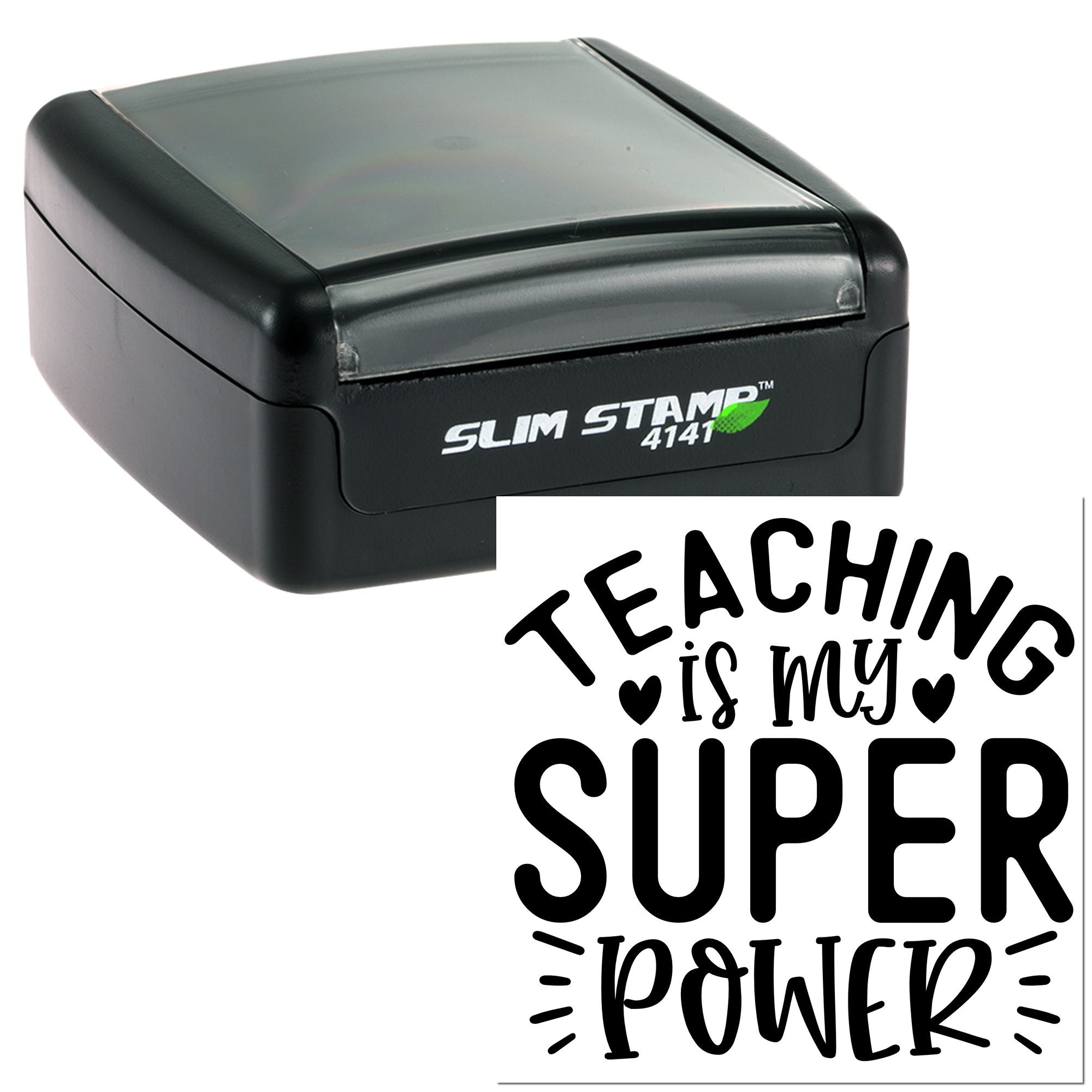 Slim self-inking teacher rubber stamp with Teaching is my Super Power design for classroom marking.
