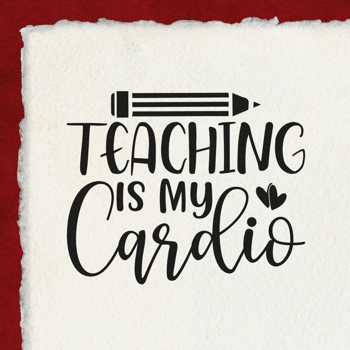 Teaching Is My Cardio rubber stamp design with pencil icon, perfect for teachers, educators, and classroom crafts.