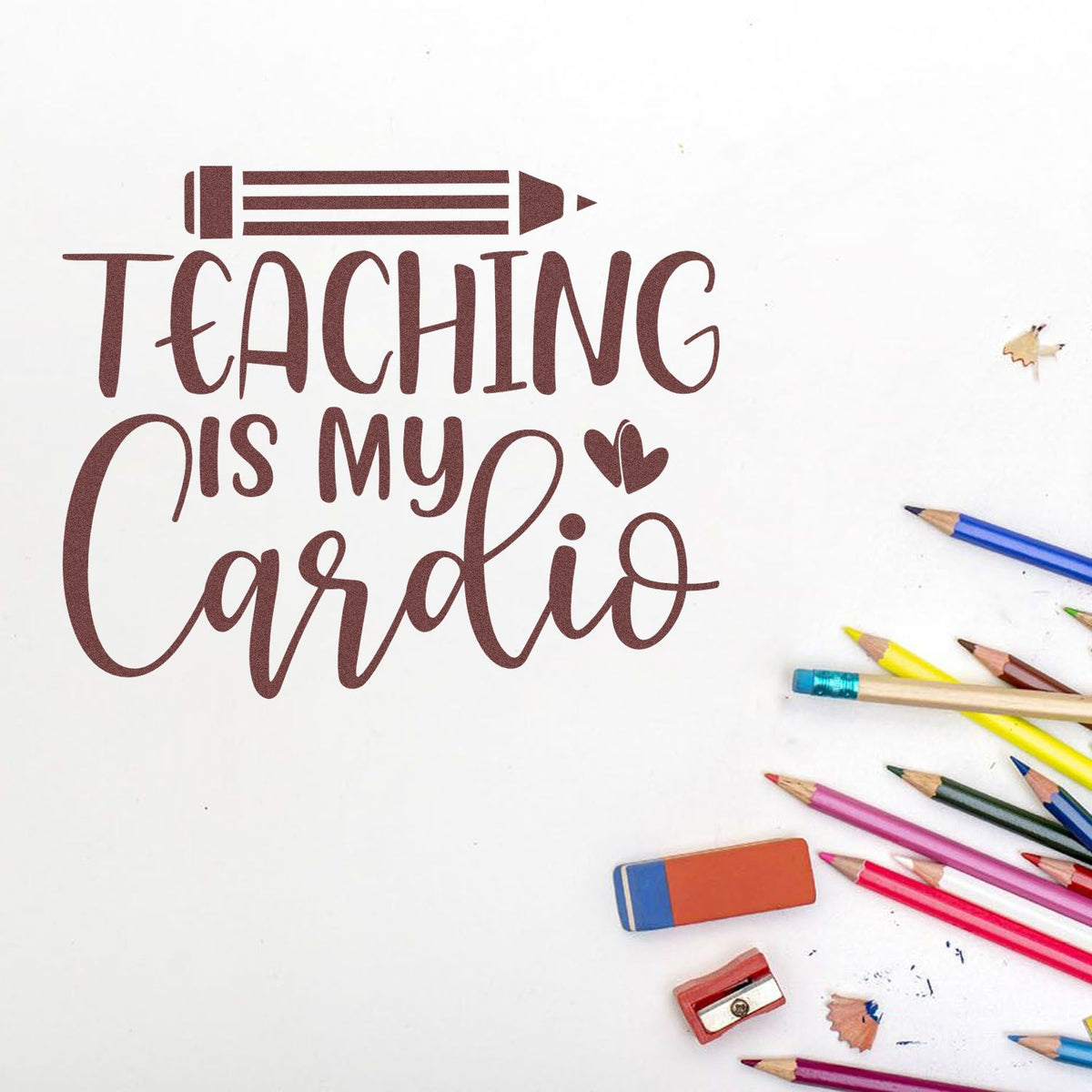 Teaching is my cardio rubber stamp design with pencil icon, ideal for teacher gifts, classroom crafts, and stationery.