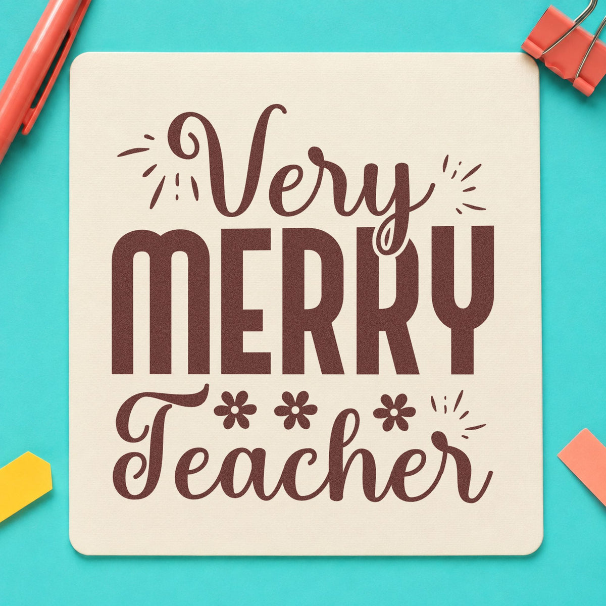 Very Merry Teacher Lettering rubber stamp printed in brown ink, ready for mince pie labels and similar paper crafts.