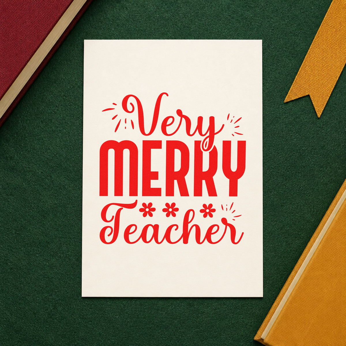 Very Merry Teacher Lettering rubber stamp shown in red ink, stamped for projects such as carol service notes.