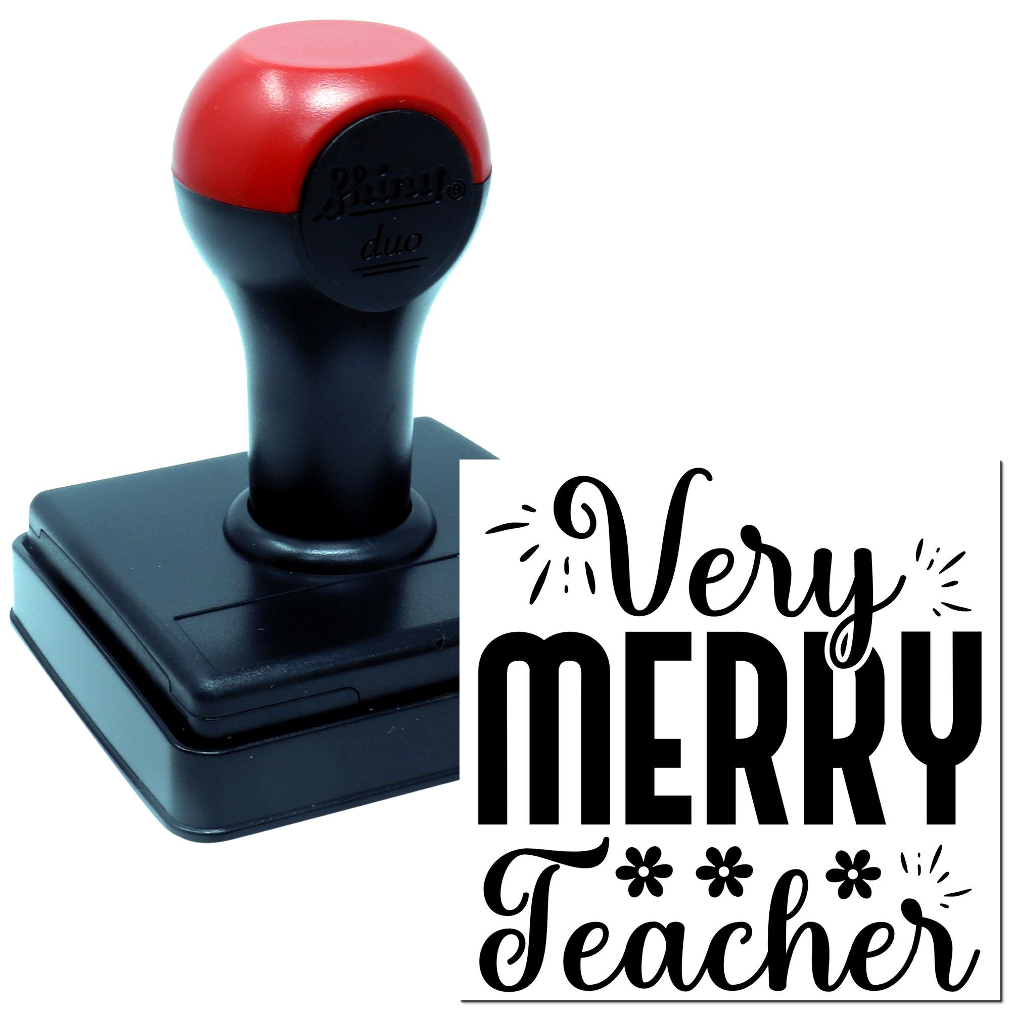Self-inking Christmas rubber stamp with Very Merry Teacher design for cards, gifts, and teacher appreciation
