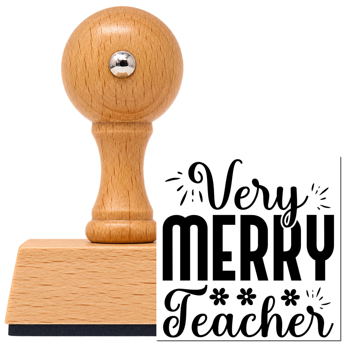 Very Merry Teacher Vintage Pro rubber stamp in European beech wood with a round knob handle, shown beside its black imprint.