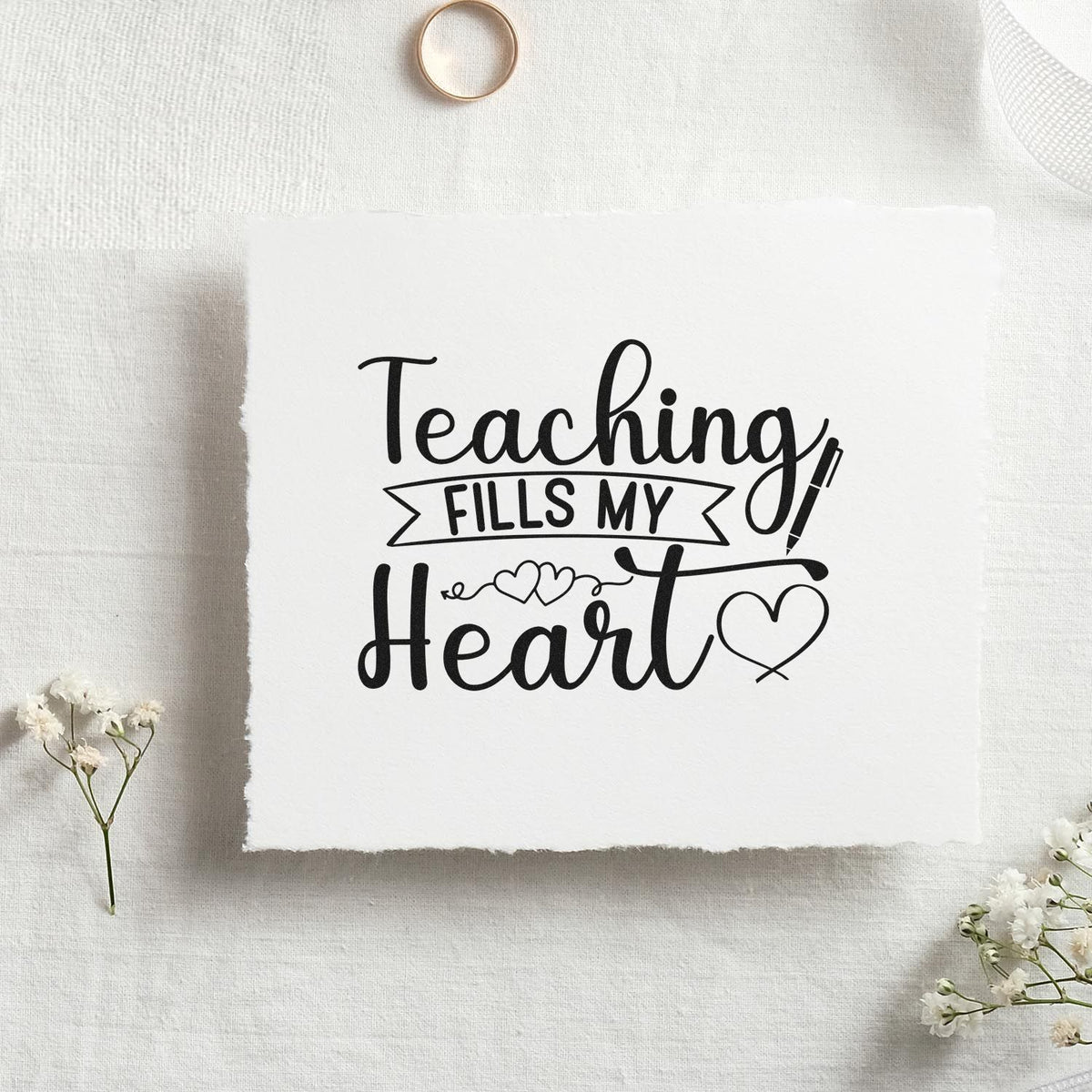 Teacher rubber stamp design reading Teaching Fills My Heart with hearts and pencil, ideal for classroom crafts and teacher gifts.