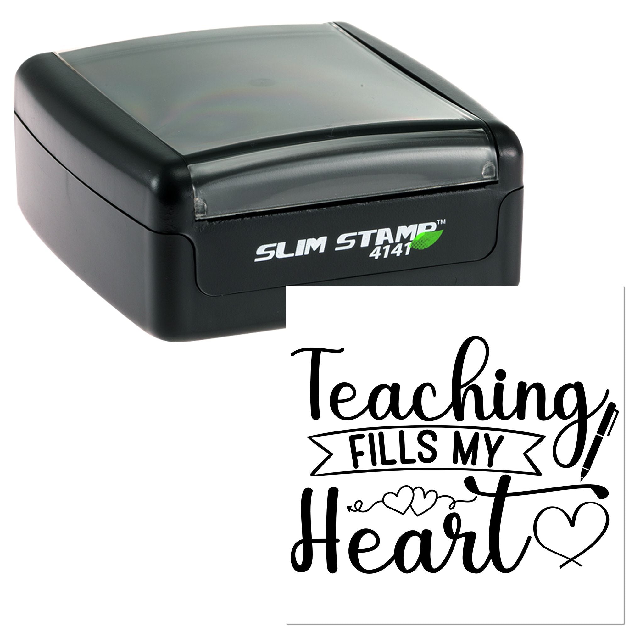 Self-inking rubber stamp featuring Teaching Fills My Heart design, perfect for teacher appreciation, classrooms, and gifts.