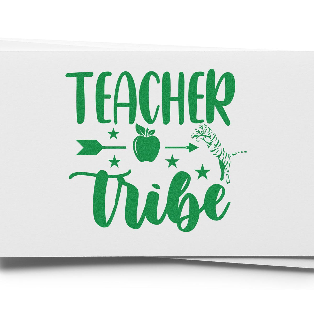 Teacher Tribe classroom rubber stamp design with apple, arrows, stars, and tiger mascot in green.