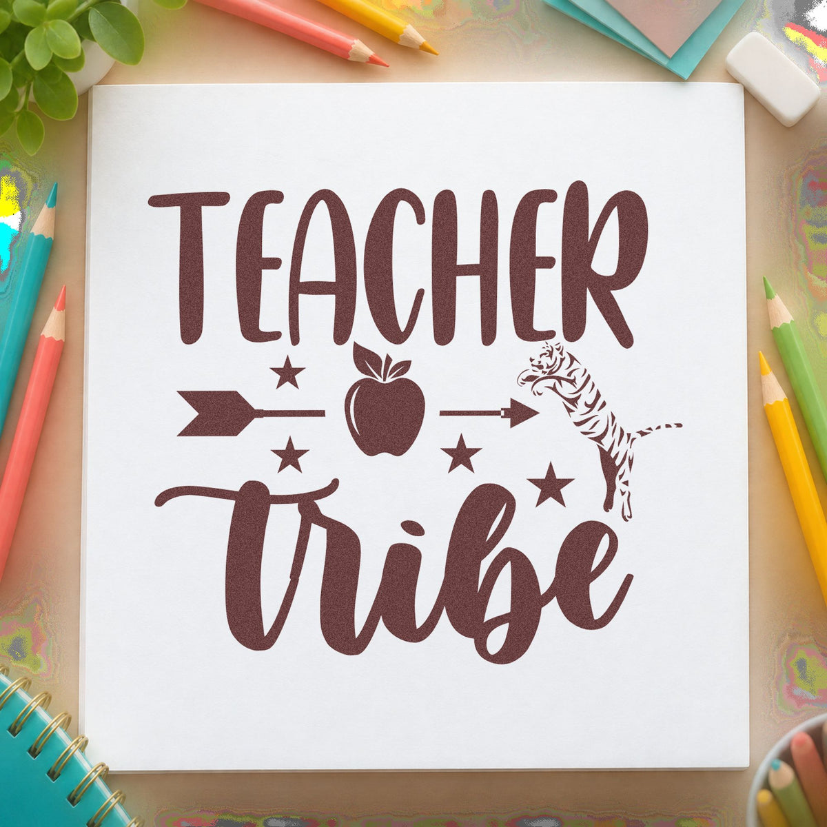 Teacher Tribe Arrow Apple rubber stamp printed in brown ink, ready for kit crate labels and similar paper crafts.