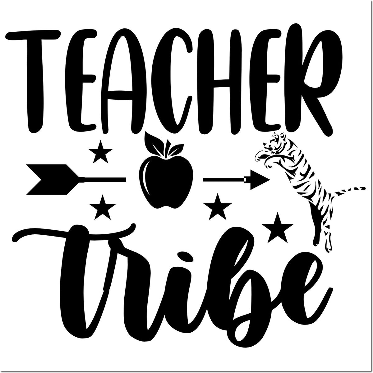 Teacher Tribe rubber stamp design with apple, arrows, stars, and tiger graphic for classroom pride and school spirit.