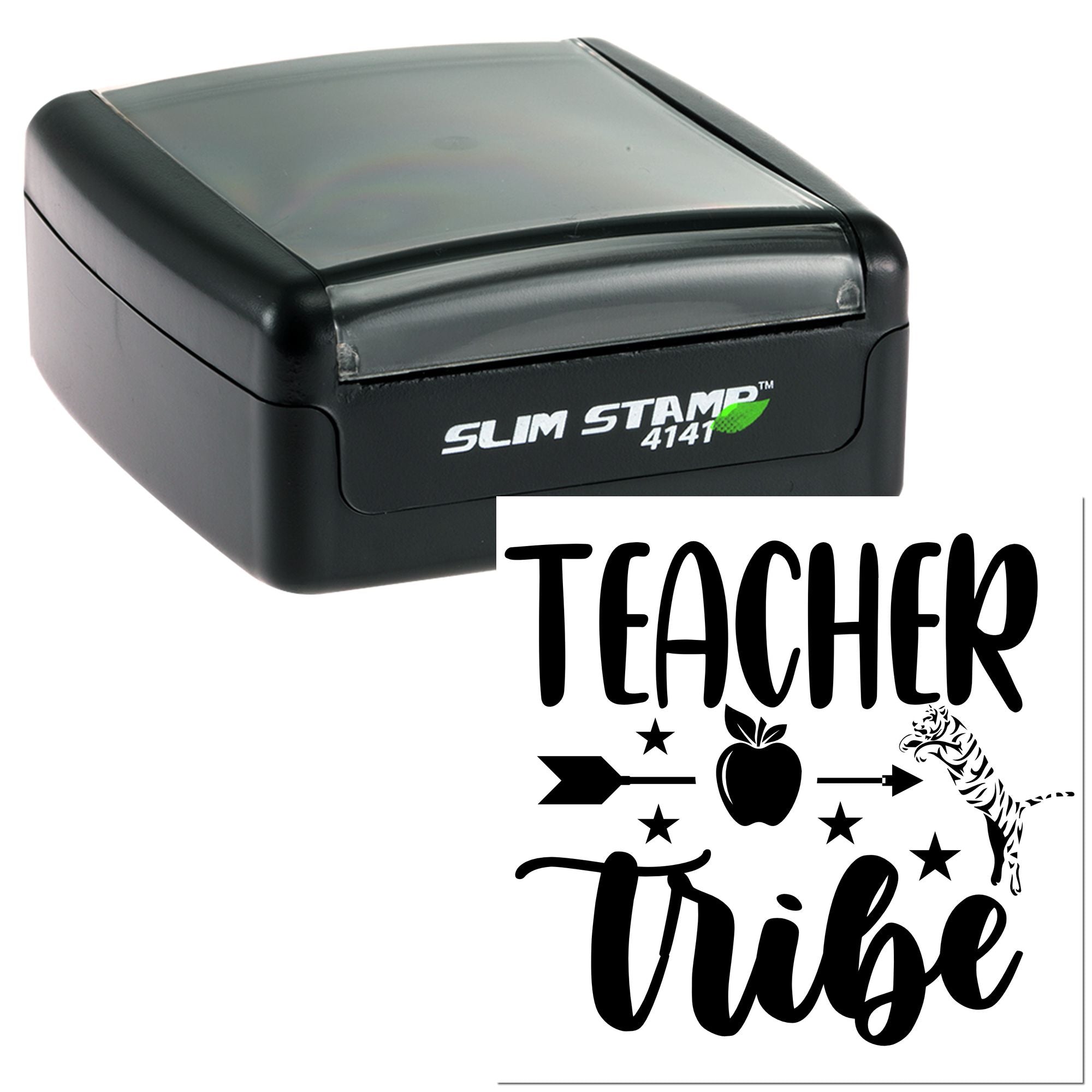 Slim self-inking rubber stamp with Teacher Tribe design for classroom use, teacher gifts, and custom educator branding.
