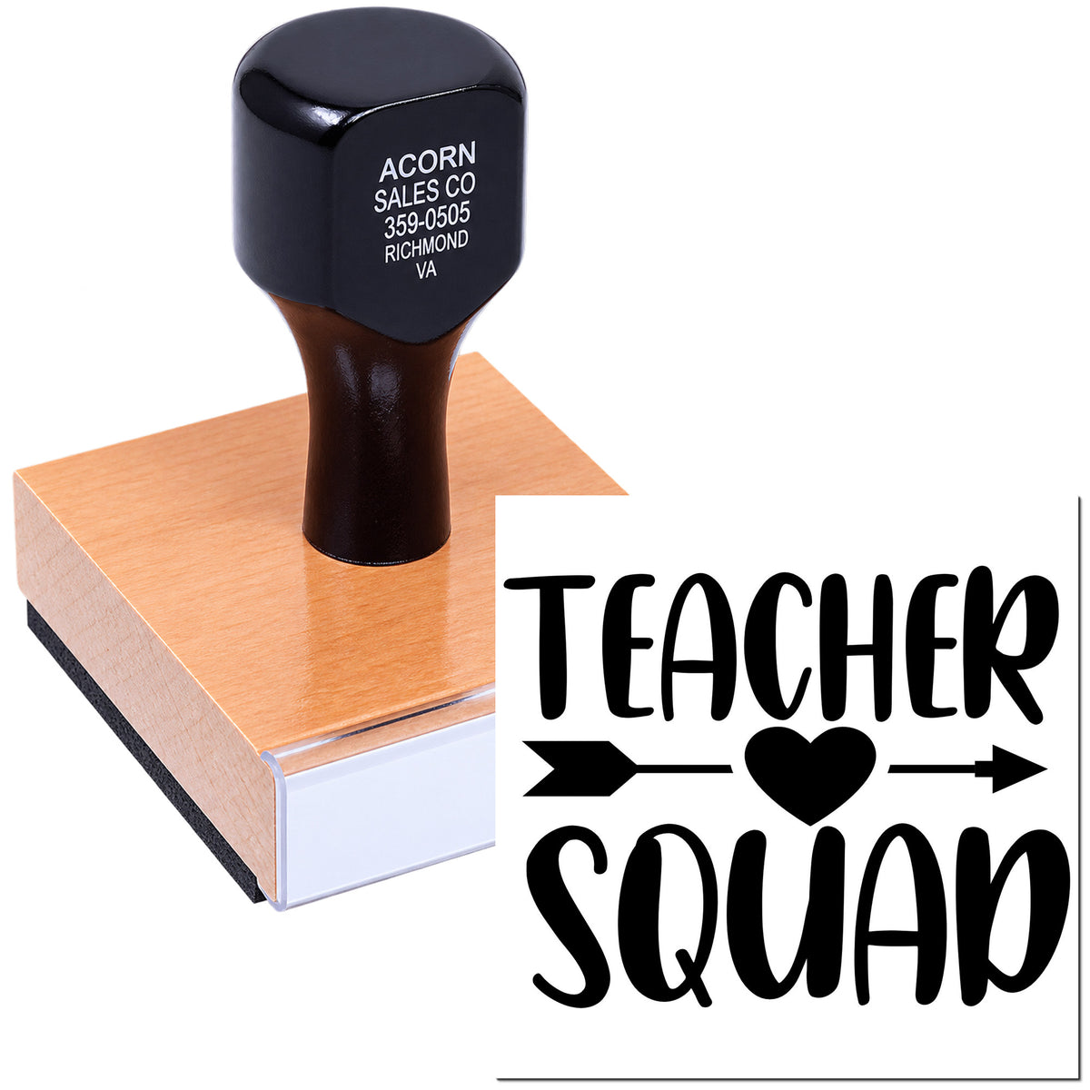 Custom Teacher Squad rubber stamp with heart and arrows for classroom rewards, teacher gifts, and craft projects.