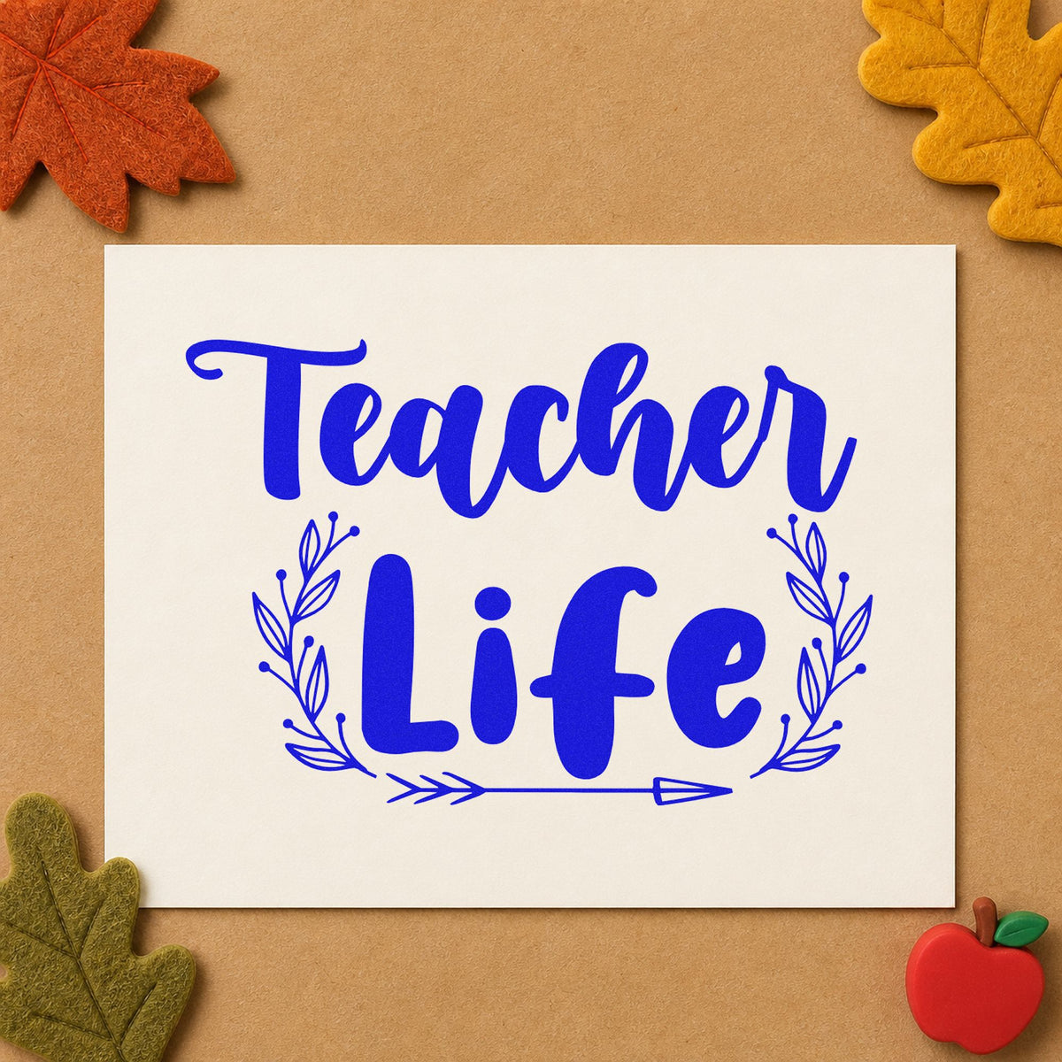 Teacher Life Leafy Frame craft stamp imprinted in blue ink on paper, a design suited to cutting bag seals.