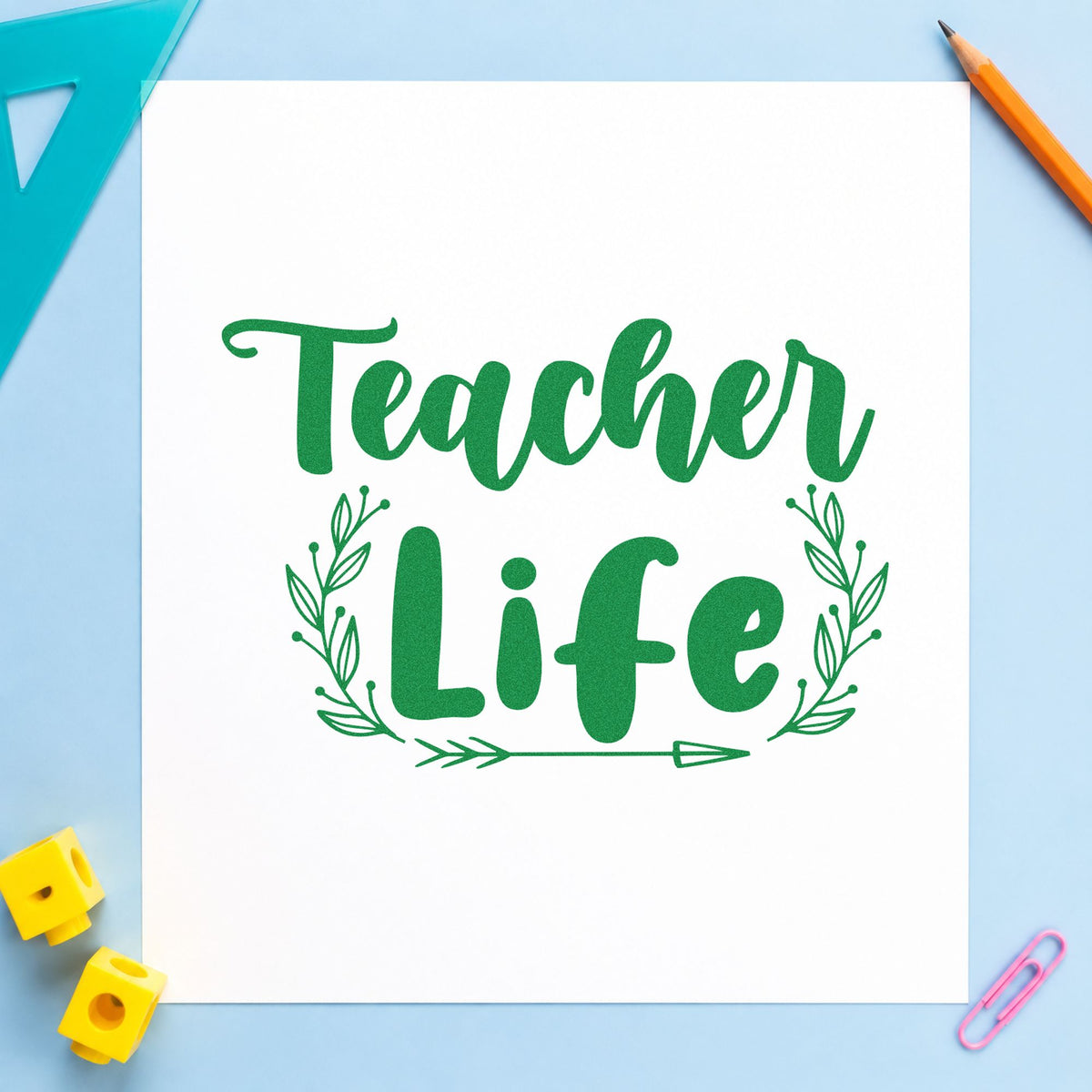 Teacher Life Leafy Frame craft stamp imprint in green ink on a handmade project, one idea being framed window sill.