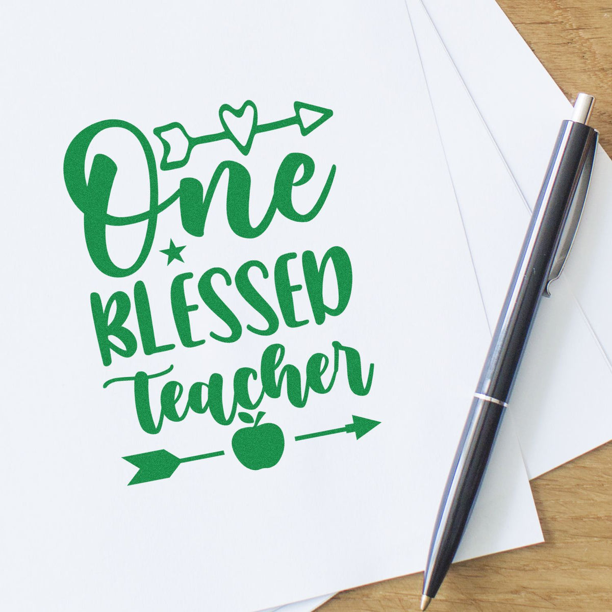 One Blessed Teacher rubber stamp design on paper, ideal for teacher appreciation gifts, classroom crafts, and stationery.