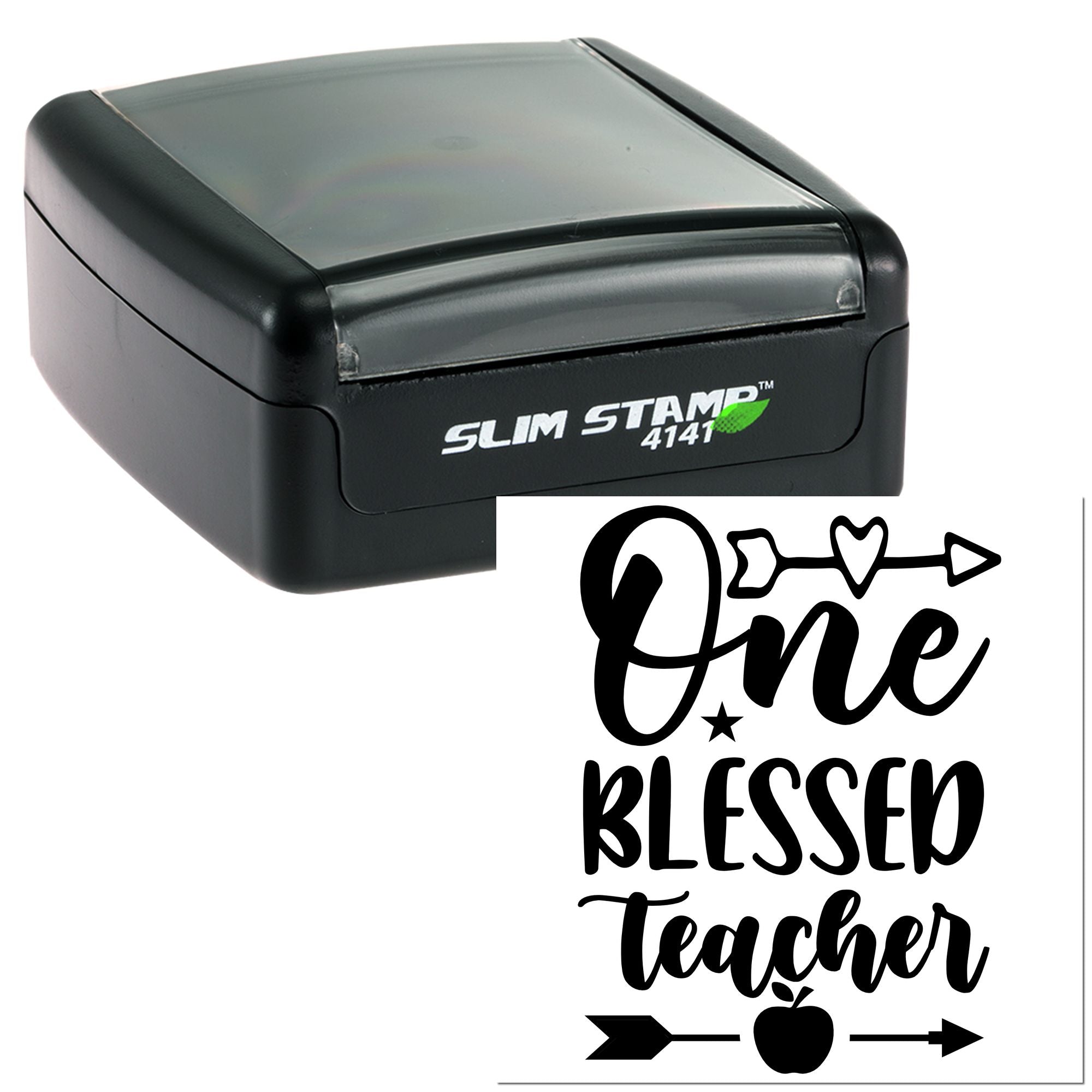 Slim Stamp 4141 custom rubber stamp with One Blessed Teacher design for teacher gifts, classroom crafts, and paper marking.