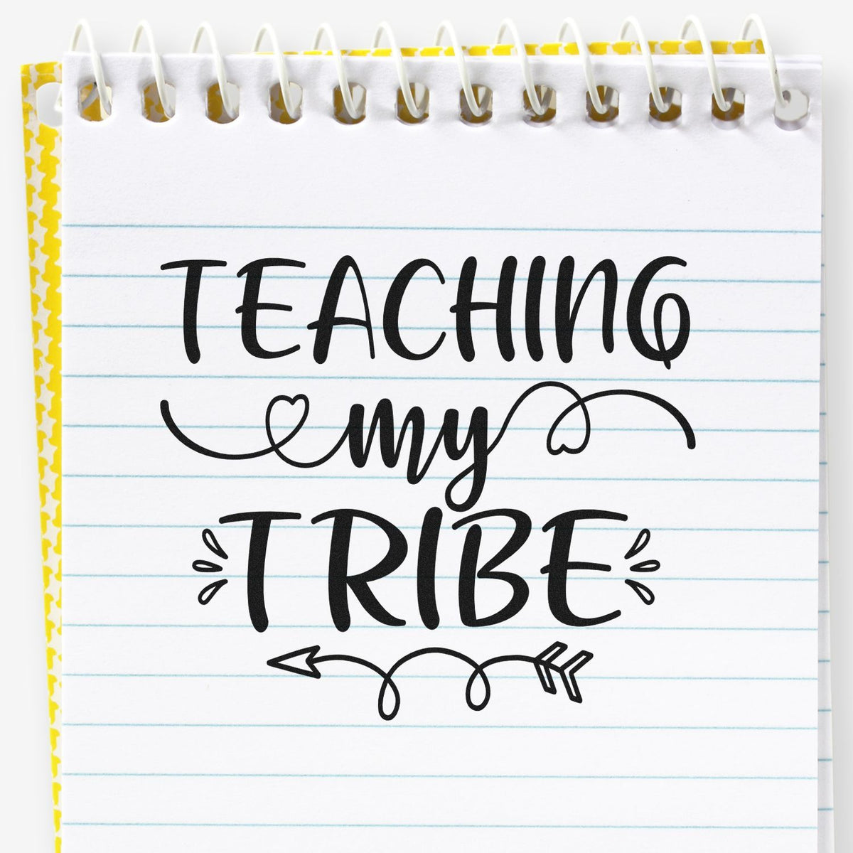 Teaching My Tribe rubber stamp design on lined notebook paper, ideal for teacher crafts, planner pages, and classroom decor.