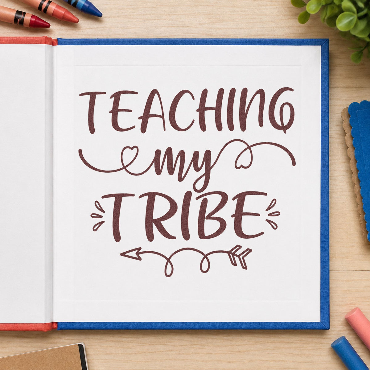 Teaching My Tribe Flourishes rubber stamp printed in brown ink, ready for trophy base labels and similar paper crafts.