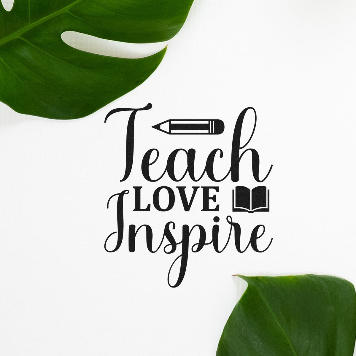 Teach Love Inspire teacher rubber stamp with pencil and book icon for classroom gifts, scrapbooking, and stationery.