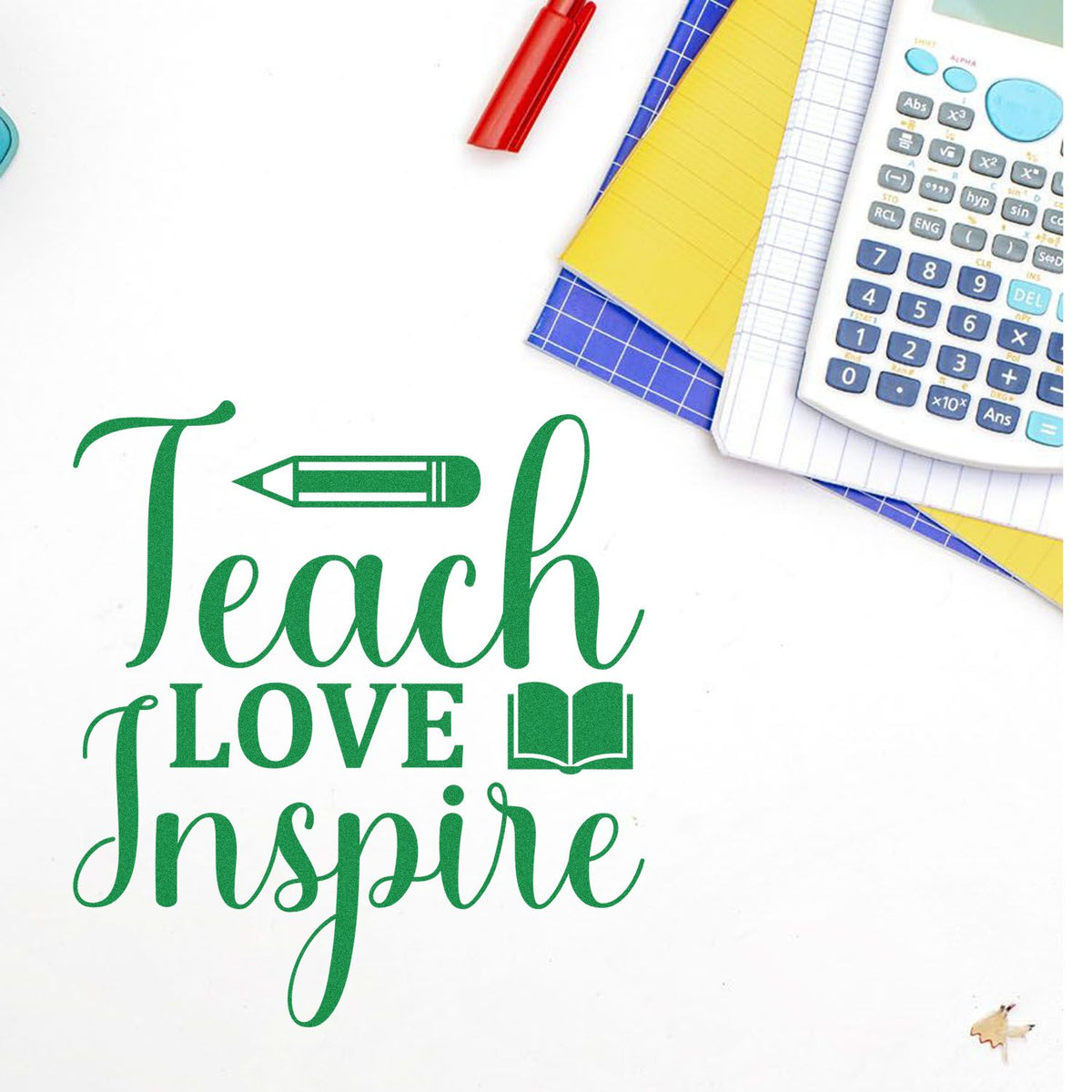 Teach Love Inspire rubber stamp design with pencil and book icons, perfect for teacher crafts and classroom projects.