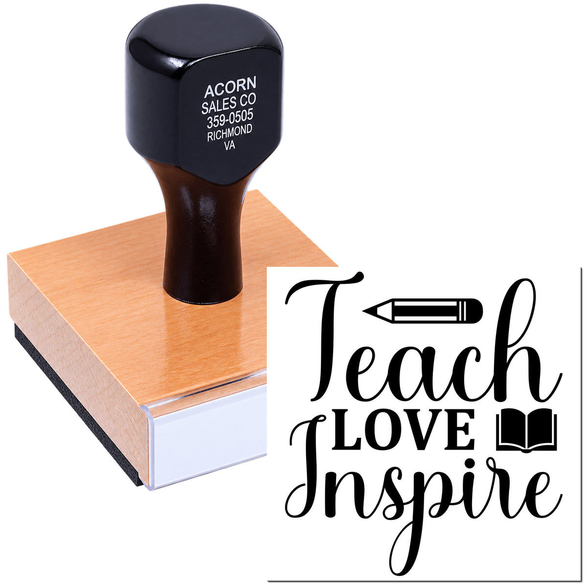 Custom teacher rubber stamp with Teach Love Inspire design and pencil-book icons for classroom use.