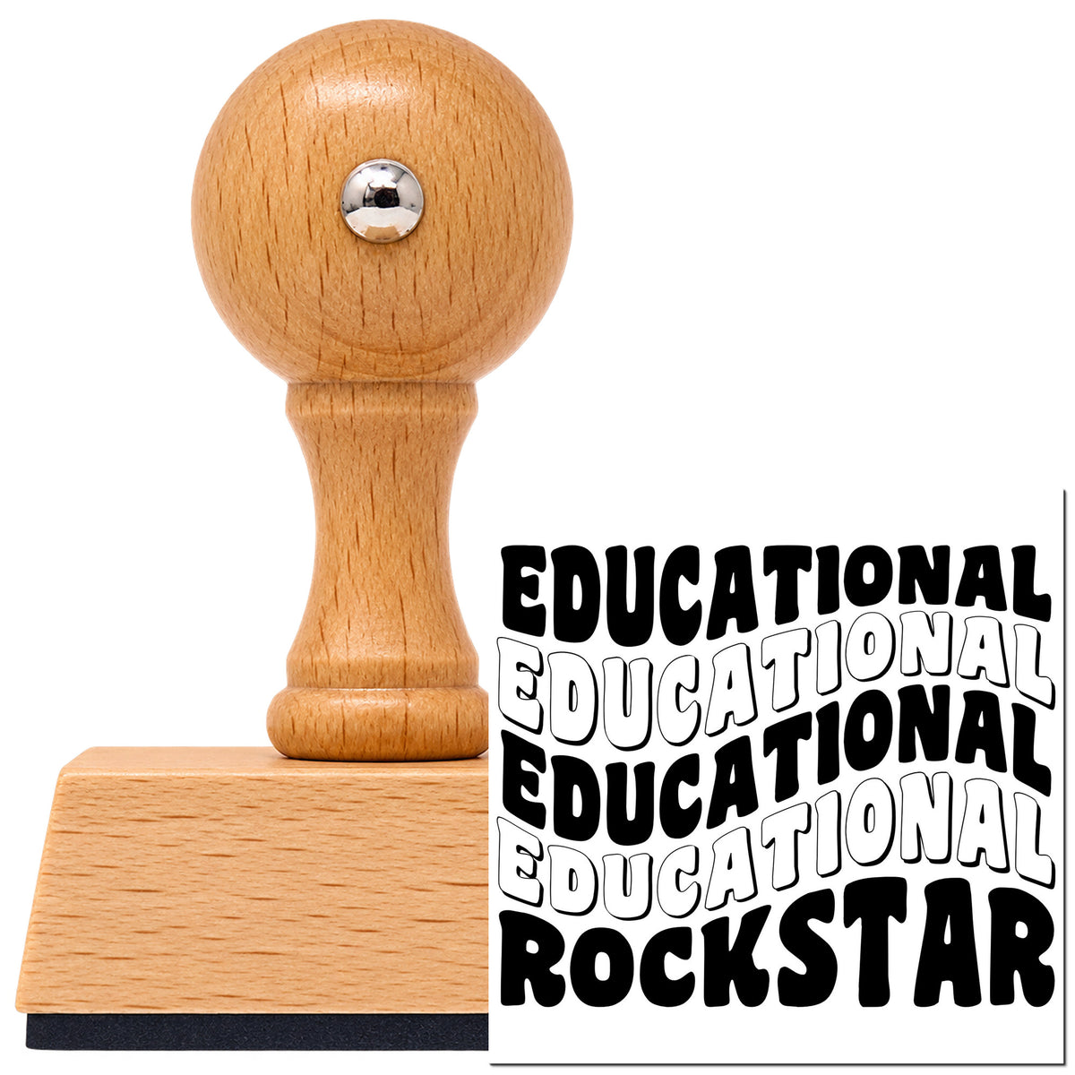Wavy Educational Rockstar Word Art Vintage Pro rubber stamp in European beech wood with a round knob handle, shown beside its black imprint.