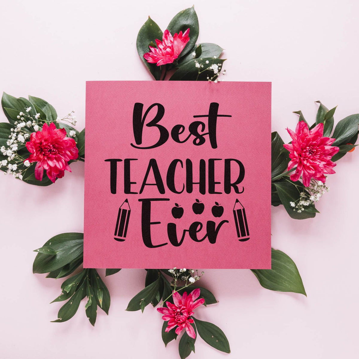 Best Teacher Ever Pencils Apple Stamp - Premium Vintage Pro Wooden imprint stamped in blue ink. "Best Teacher Ever" features three small apples and pencils at either side.