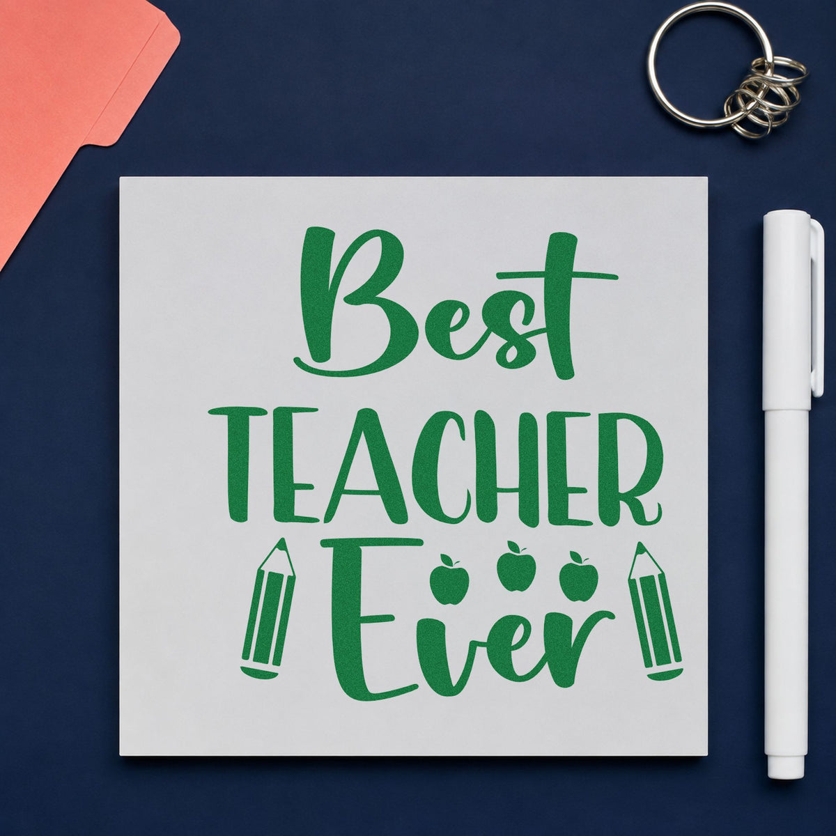 Best Teacher Ever Pencils craft stamp imprint in green ink on a handmade project, one idea being collection pages.