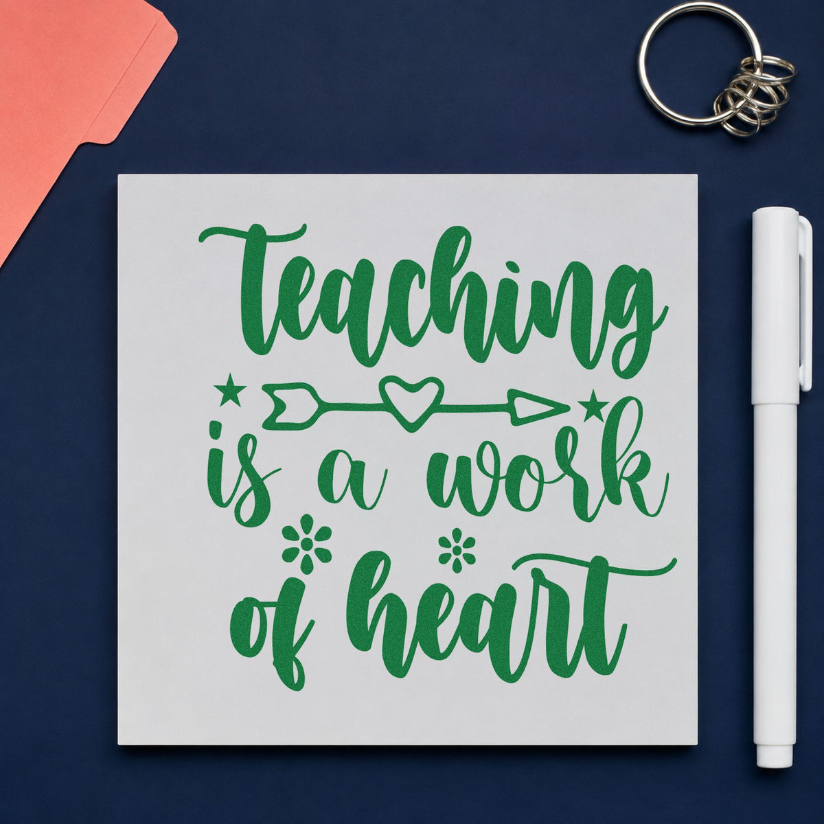 Teaching Work Of Heart Arrow craft stamp imprint in green ink on a handmade project, one idea being framed sunny sill.