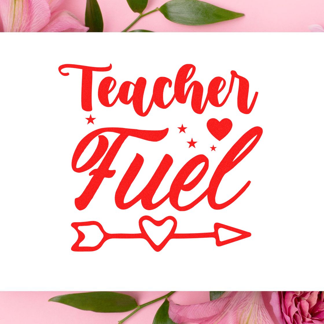 Teacher Fuel rubber stamp design in red script with heart, stars and arrow for classroom crafts and teacher gifts.