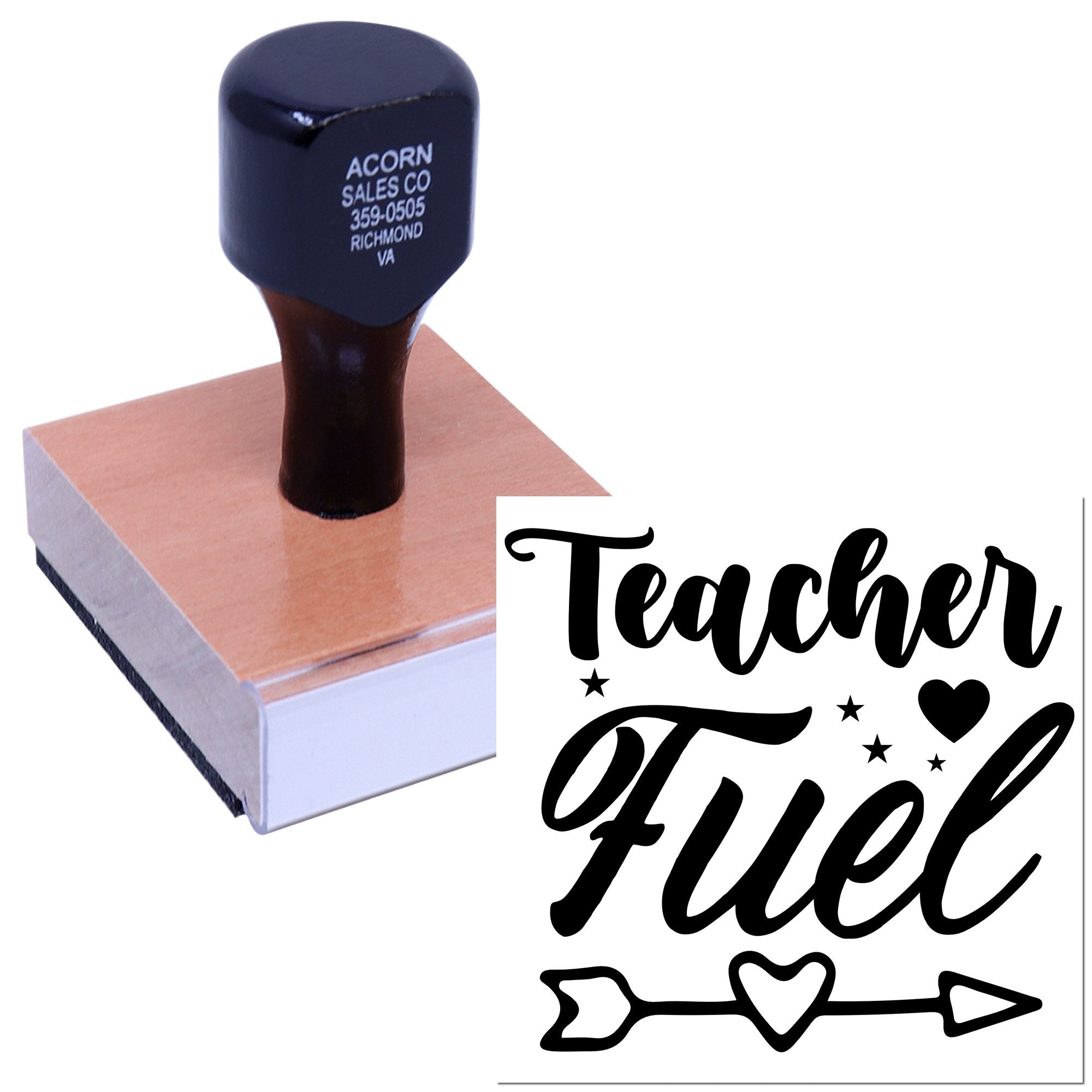 Teacher Fuel rubber stamp on ink pad, a custom classroom stamp for teachers, planners, crafts, and gift packaging.