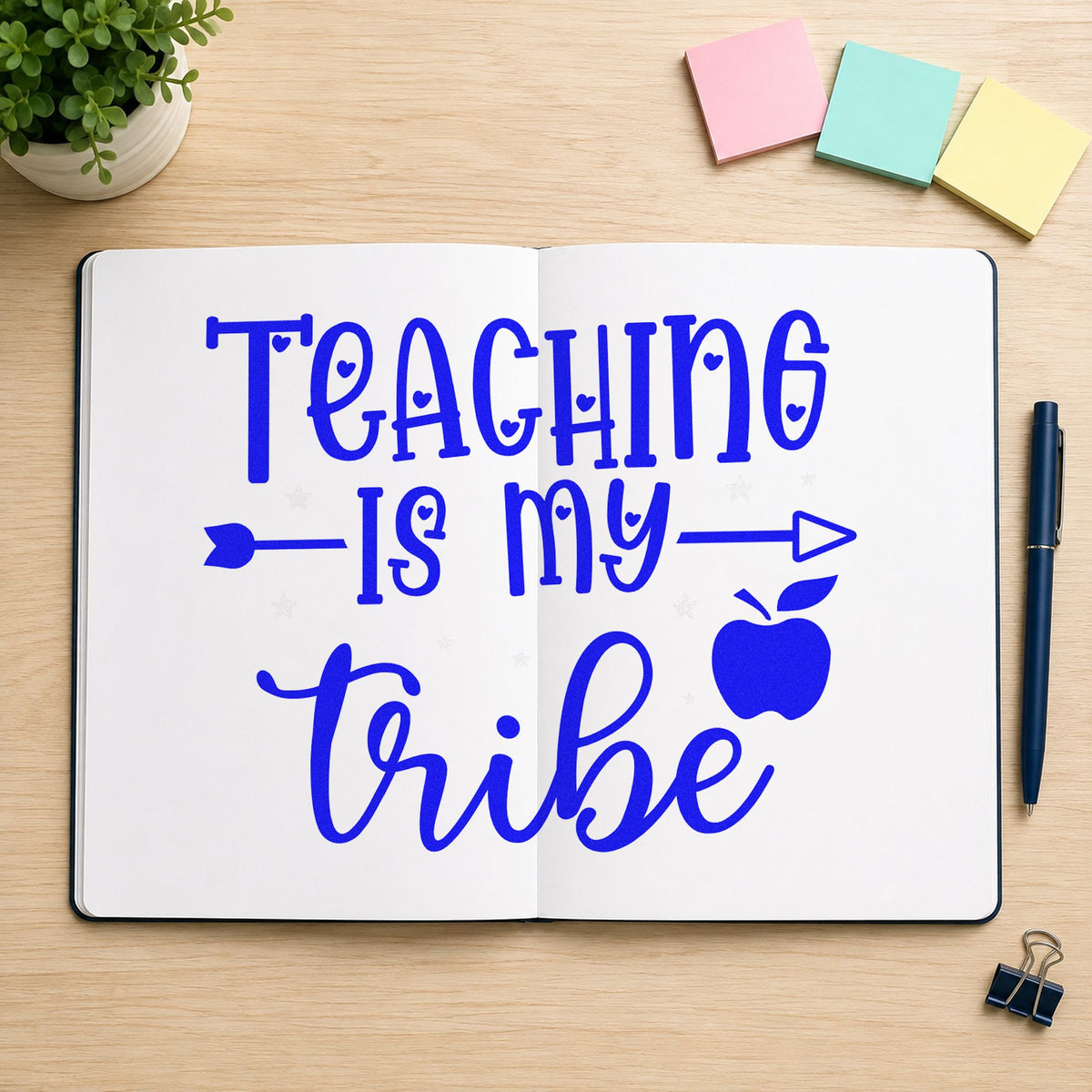 Teaching Is My Tribe craft stamp imprinted in blue ink on paper, a design suited to moderation seals.