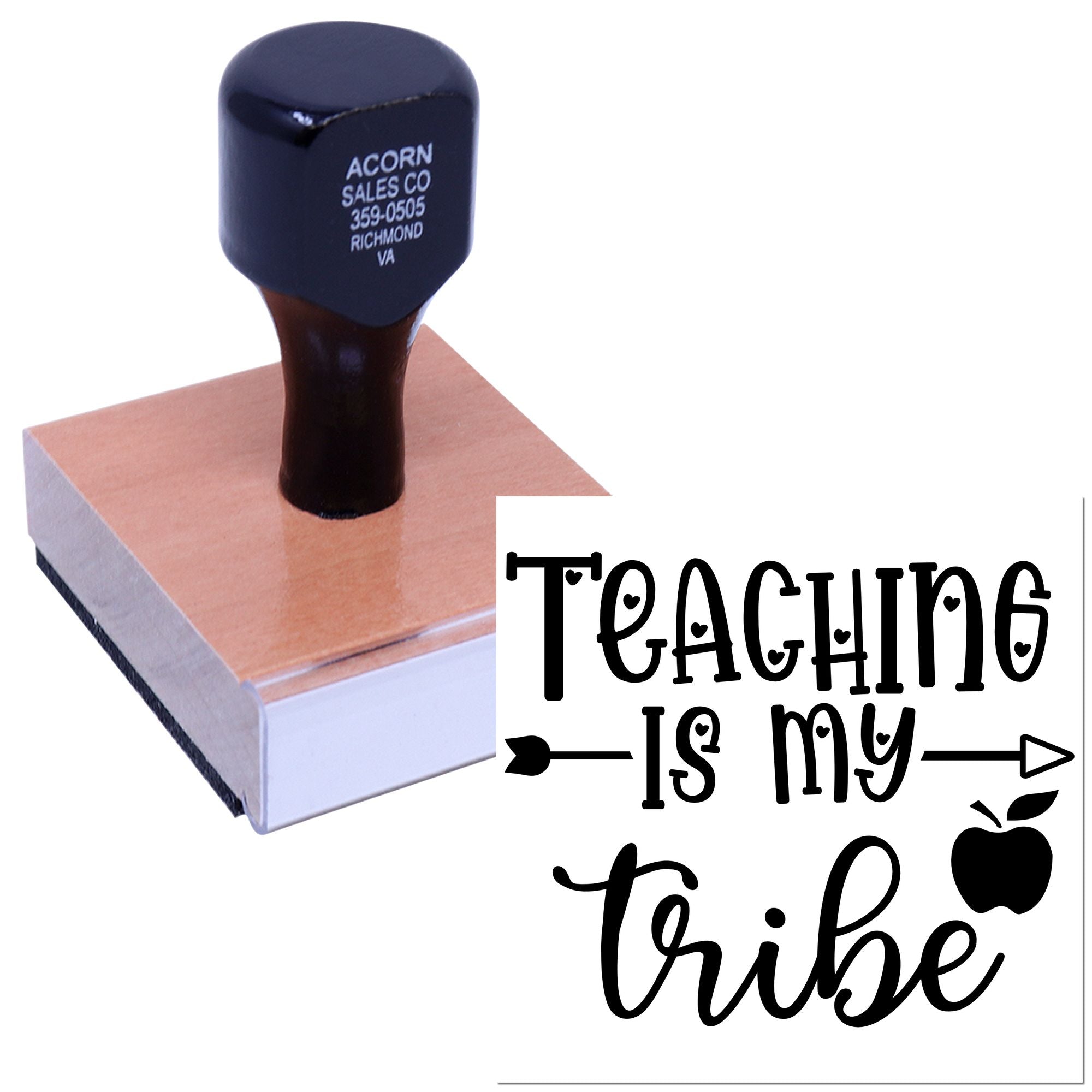 Custom rubber stamp with Teaching Is My Tribe design and apple icon, ideal for teacher classroom gifts and stationery.