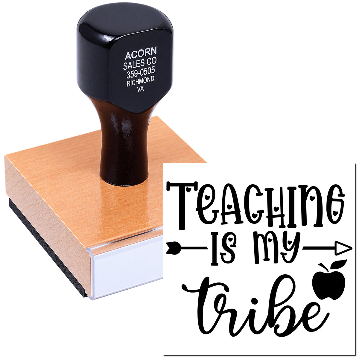 Custom rubber stamp with Teaching Is My Tribe design and apple icon, ideal for teacher classroom gifts and stationery.