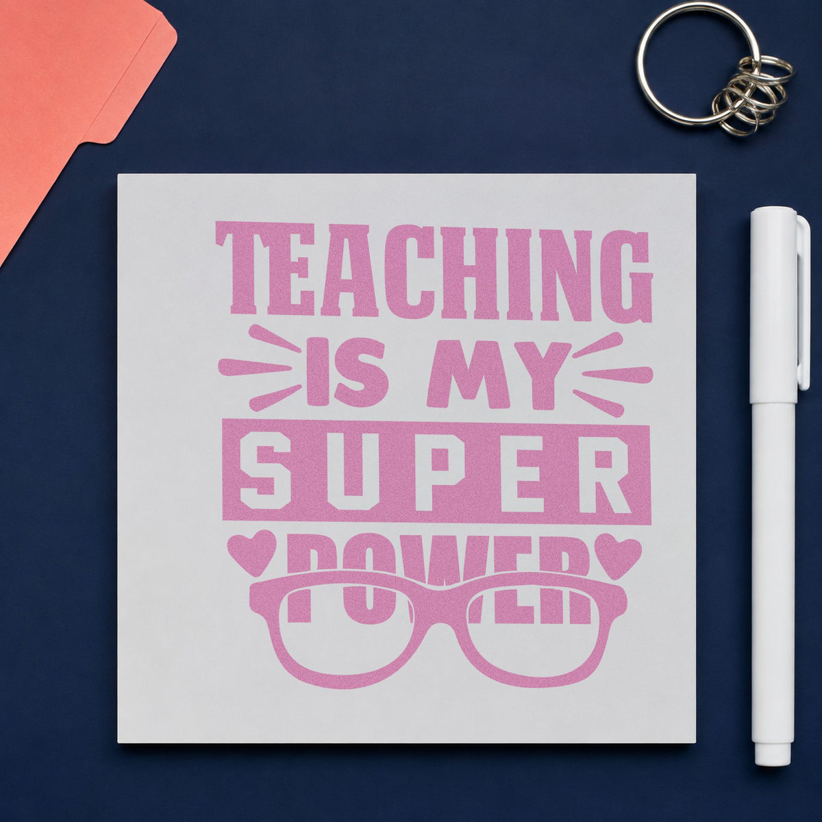 Teaching Super Power Glasses craft stamp in purple ink on cardstock, an easy option for optician visit tags.