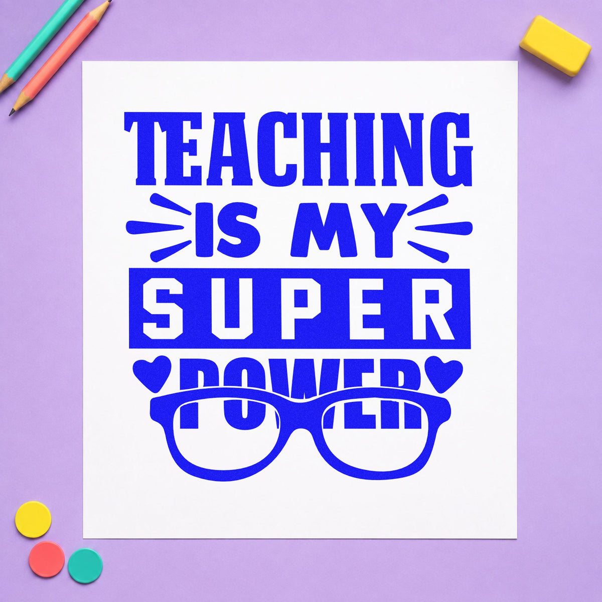 Teaching Super Power Glasses craft stamp in blue ink on cardstock, an easy option for cord strap panels.