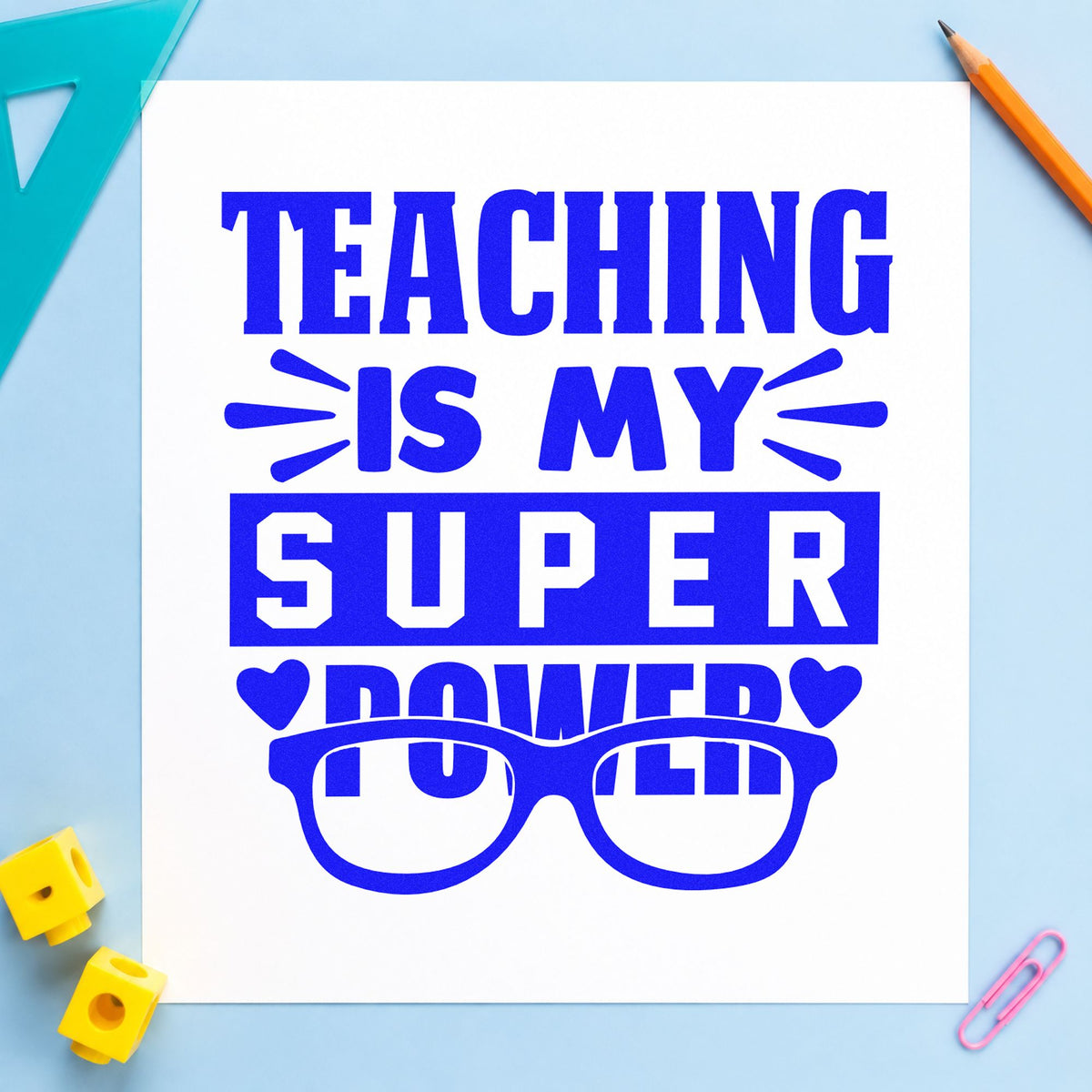 Teaching Super Power Glasses craft stamp imprinted in blue ink on paper, a design suited to health pack seals.