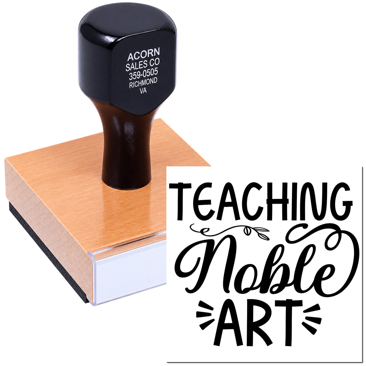 Custom teaching rubber stamp with Noble Art design, mounted on a wooden block for classroom crafts and teacher branding.