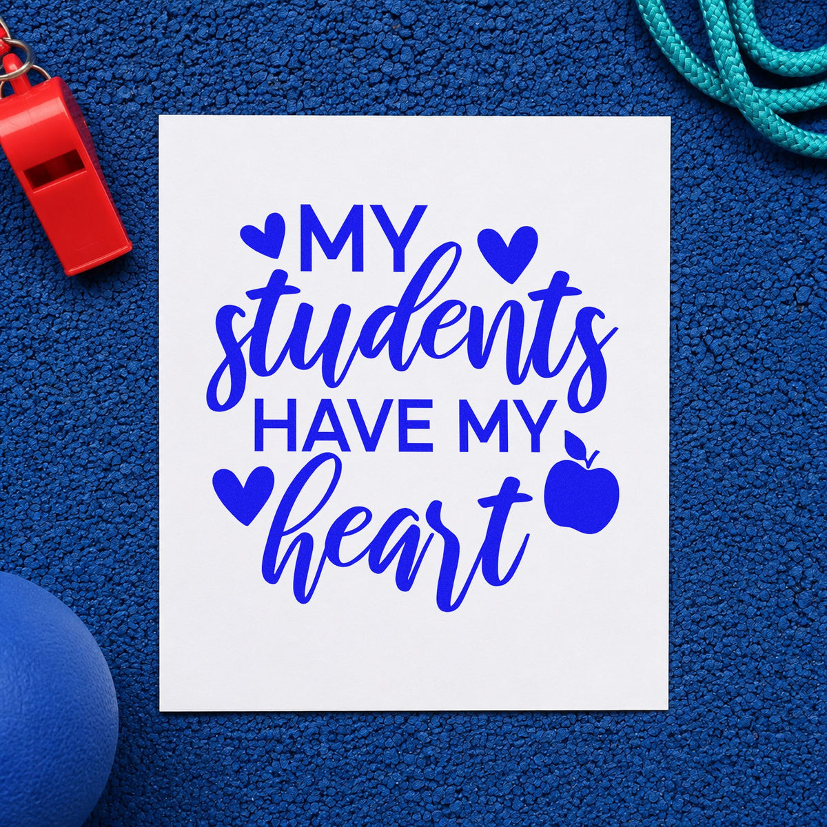Students Have My Heart Apple craft stamp in blue ink on cardstock, an easy option for cushion face panels.
