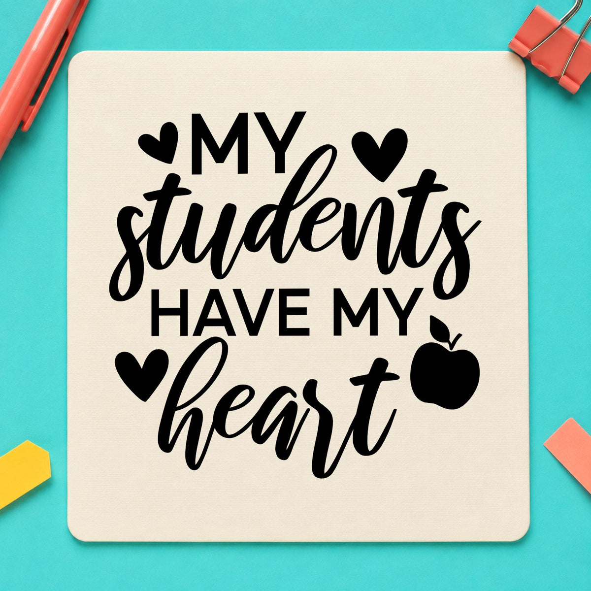 Students Have My Heart Apple rubber stamp printed in black ink, ready for hearts apple cards and similar paper crafts.