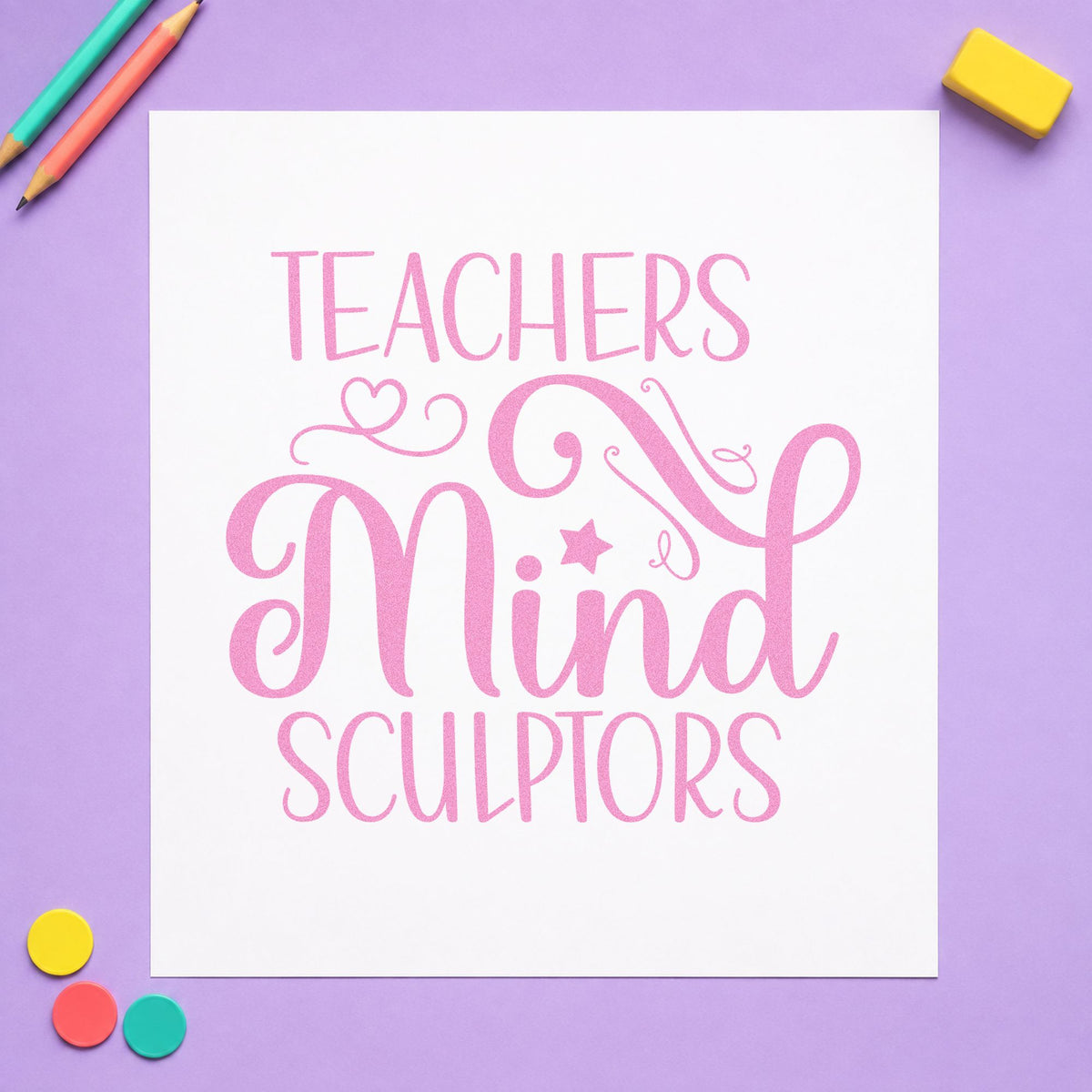 Teachers Mind Sculptors craft stamp in purple ink on cardstock, an easy option for clay piece tags.