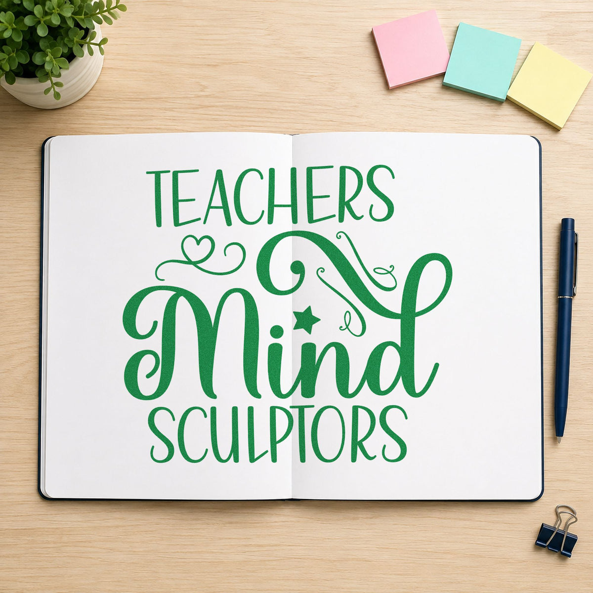 Teachers Mind Sculptors craft stamp imprint in green ink on a handmade project, one idea being framed studio beam.