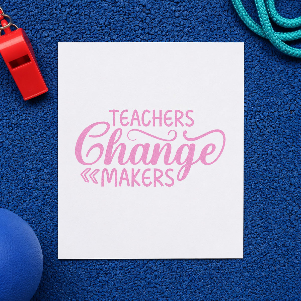 Teachers Change Makers craft stamp in purple ink on cardstock, an easy option for pilot project tags.