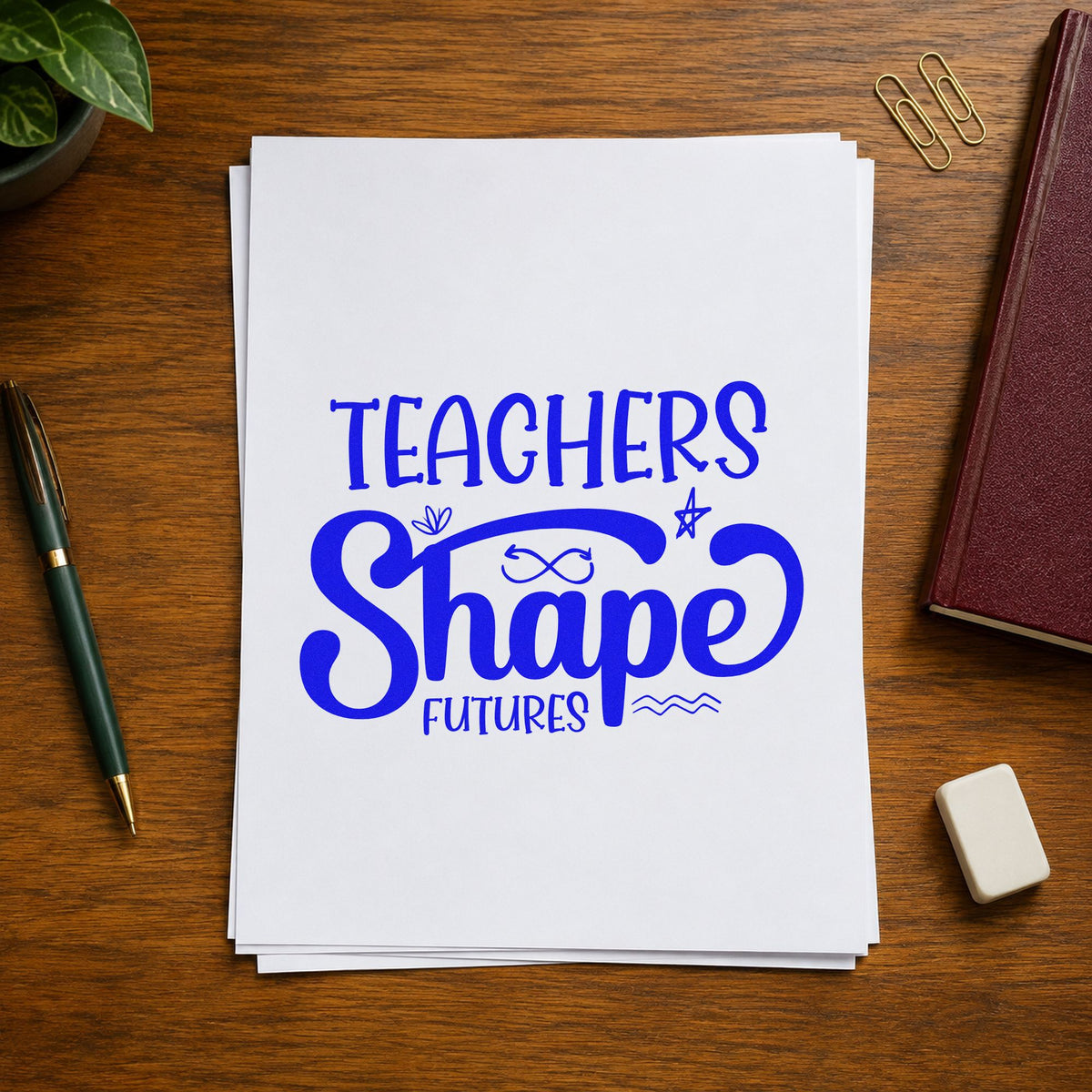 Teachers Shape Futures craft stamp imprinted in blue ink on paper, a design suited to transfer file seals.