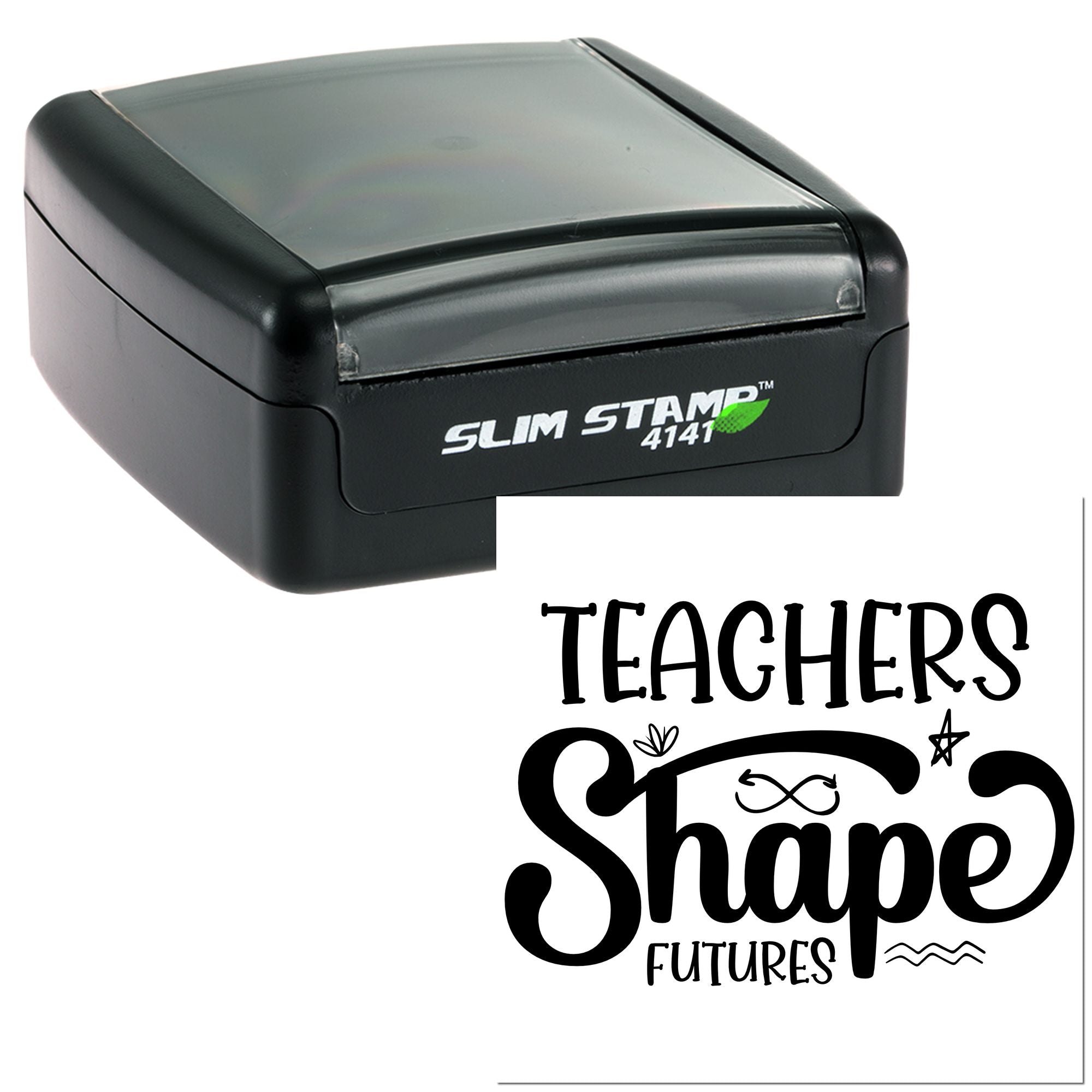 Self-inking rubber stamp with Teachers Shape Futures design for teacher appreciation, classroom notes, and school branding.